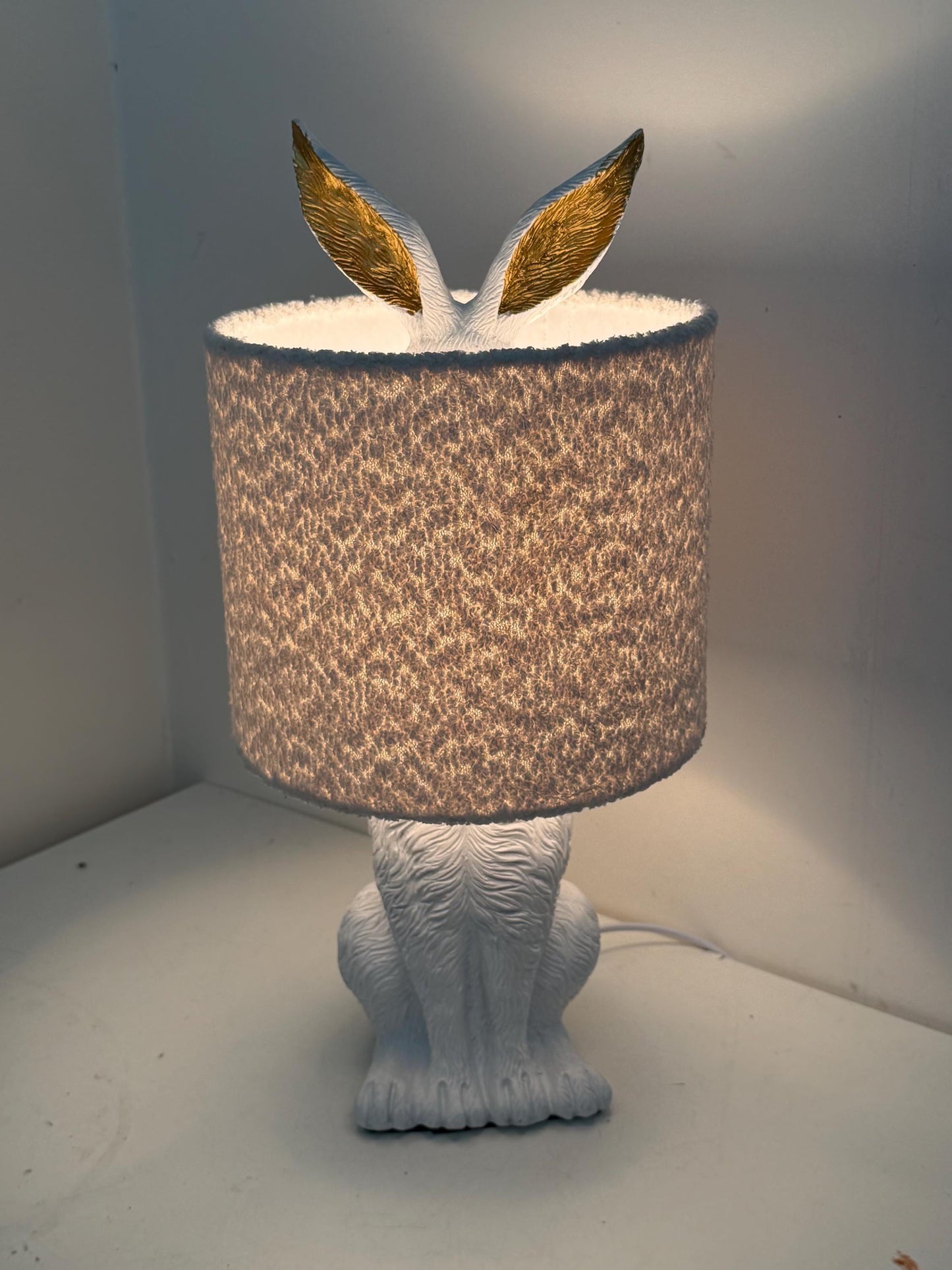 White Rabbit Table Lamp with Gold Ears, Nursery Decor hare, fluffy hood