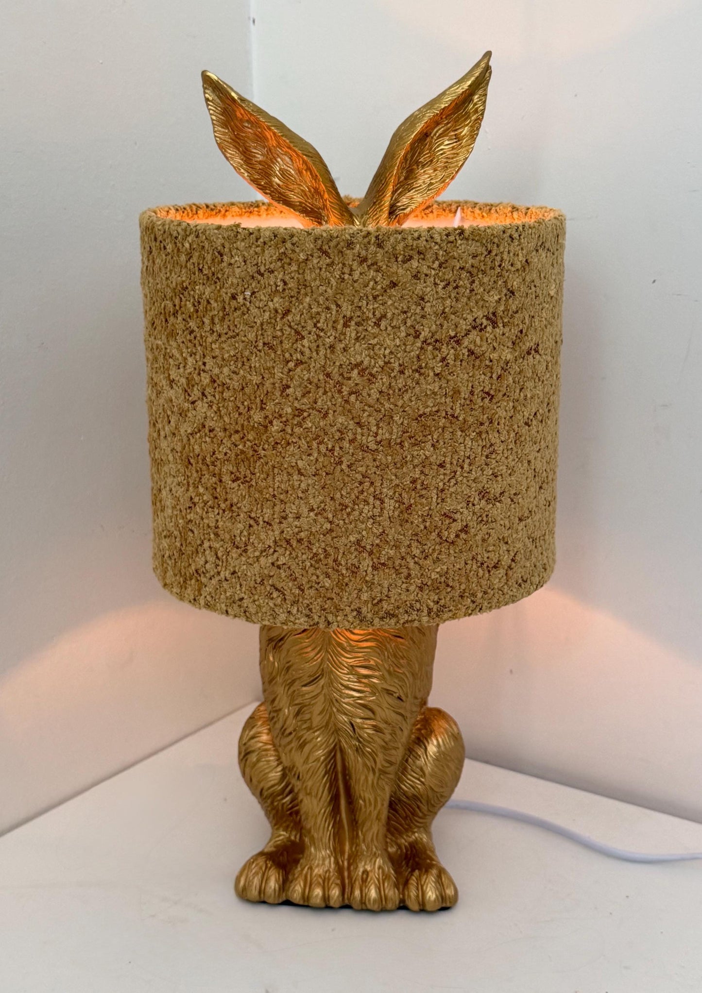 gold Rabbit Table Lamp with Gold Ears, Nursery Decor hare, fluffy hood