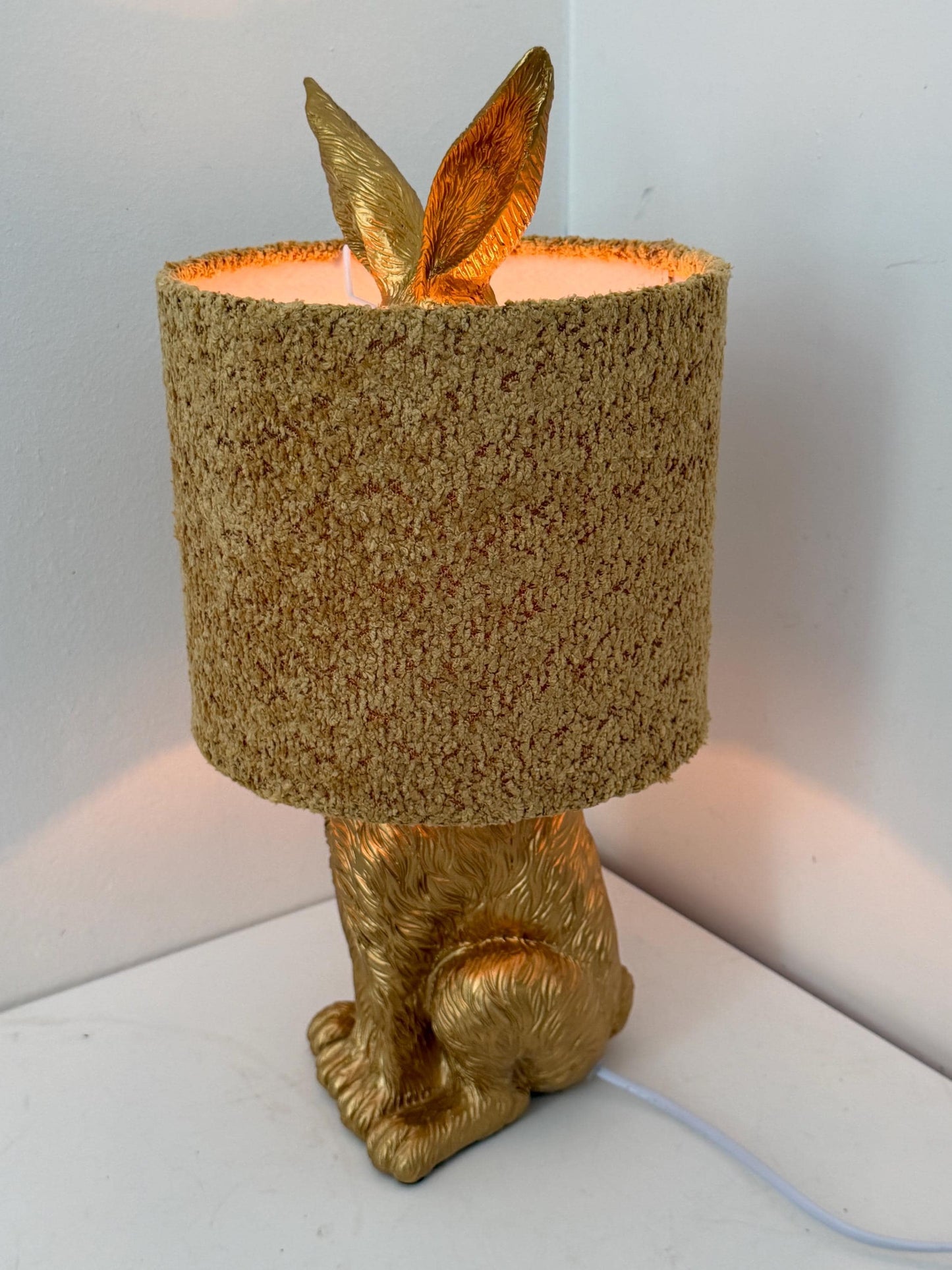 gold Rabbit Table Lamp with Gold Ears, Nursery Decor hare, fluffy hood