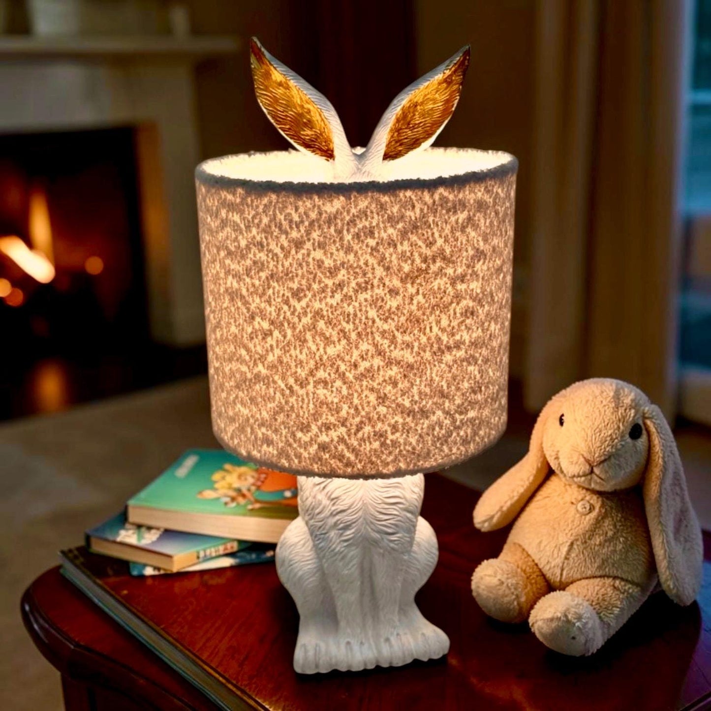 White Rabbit Table Lamp with Gold Ears, Nursery Decor hare, fluffy hood