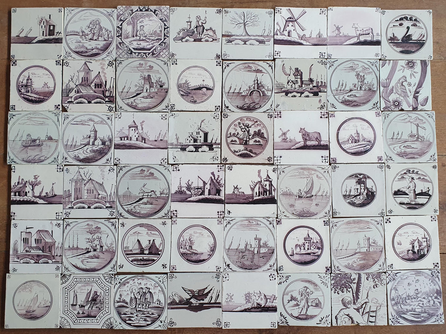 48 x Antique Delft Tiles, 18th Century Dutch  Scene mangaan landscapetile.