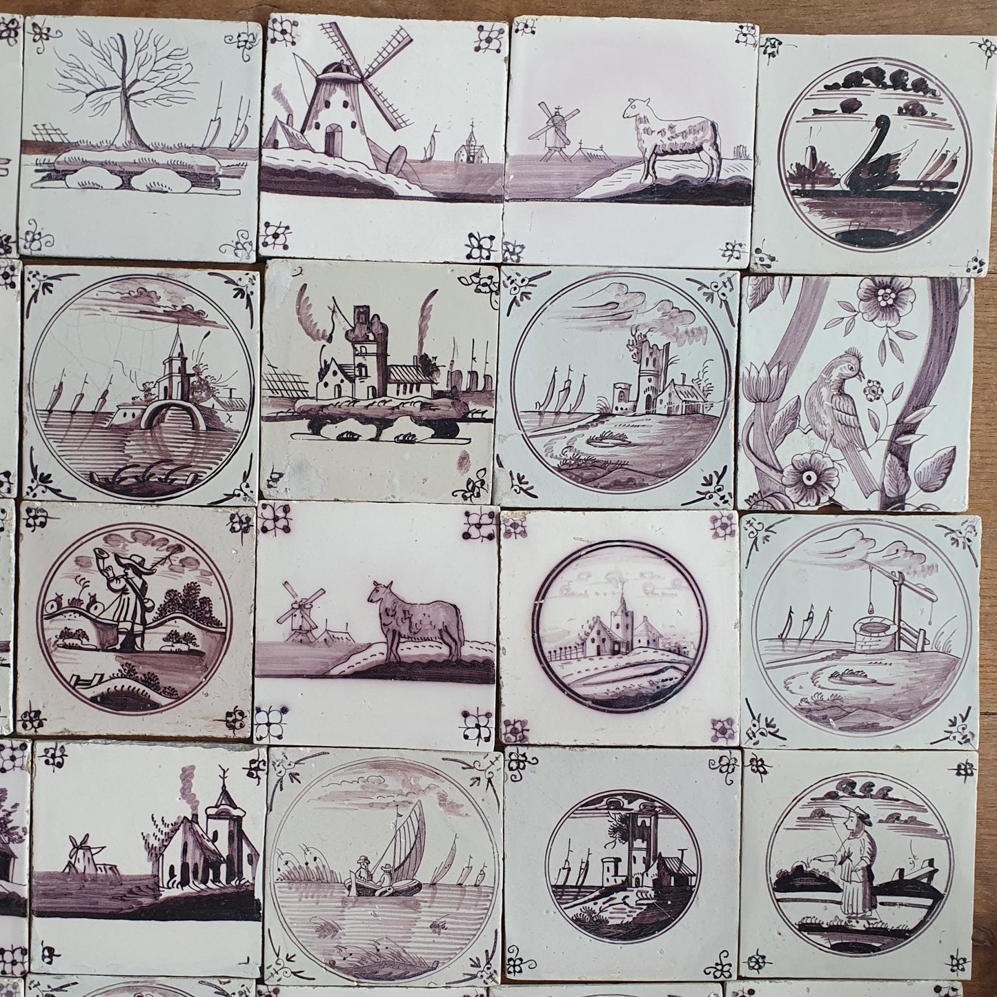 48 x Antique Delft Tiles, 18th Century Dutch  Scene mangaan landscapetile.