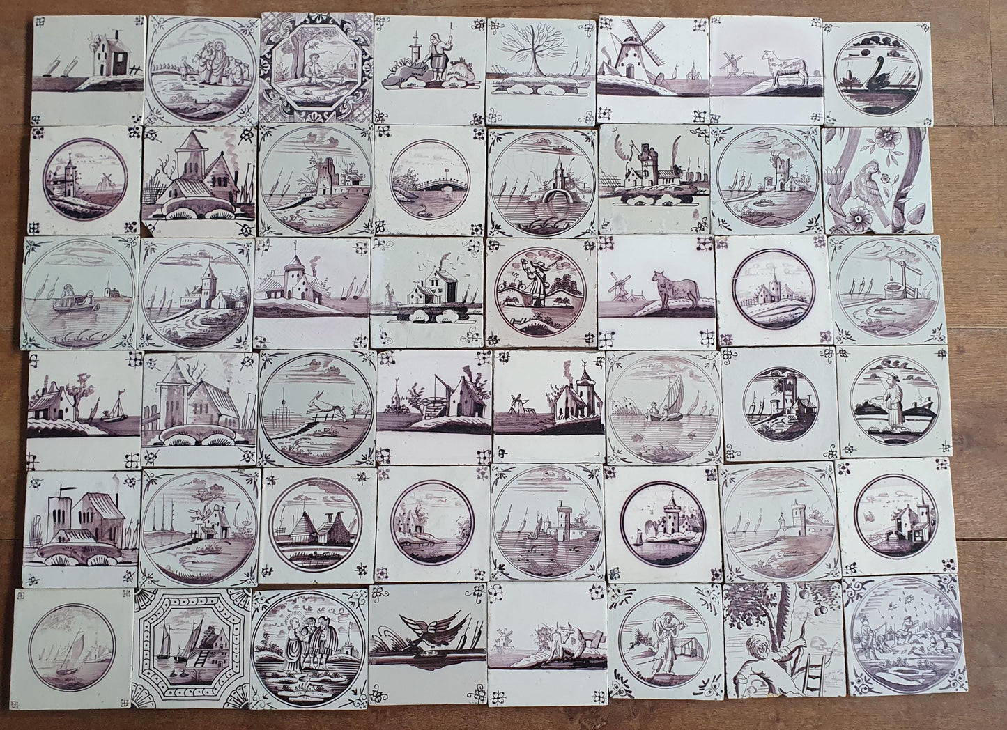 48 x Antique Delft Tiles, 18th Century Dutch  Scene mangaan landscapetile.