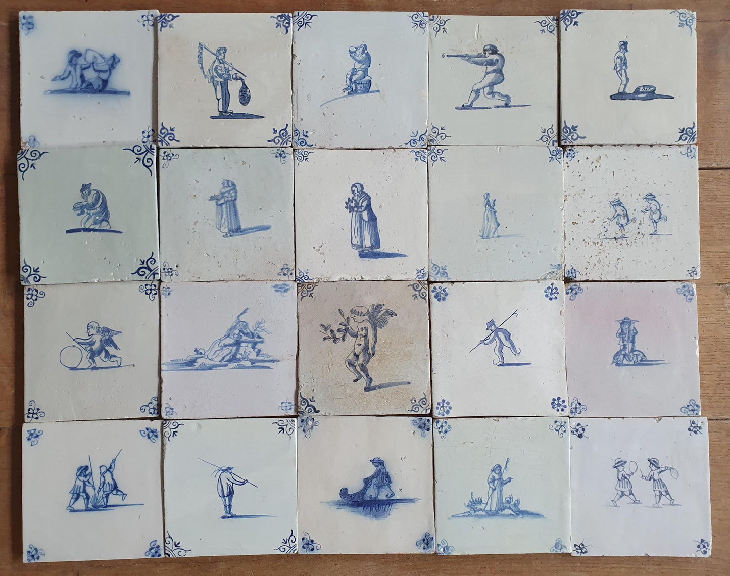 20 x Antique Delft Tiles, 17-18 th Century Dutch figuretile.
