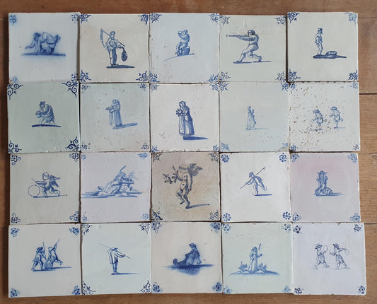 20 x Antique Delft Tiles, 17-18 th Century Dutch figuretile.