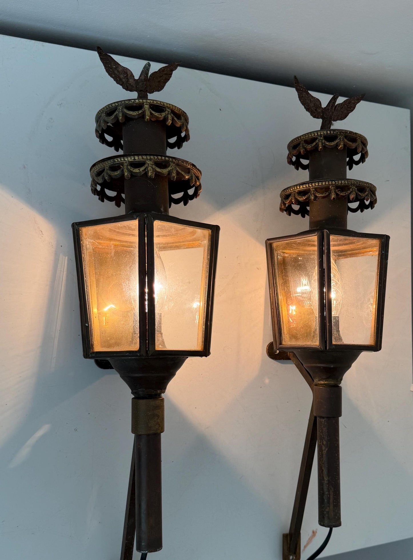 Pair of Antique English Copper Coach Lanterns wall electrical