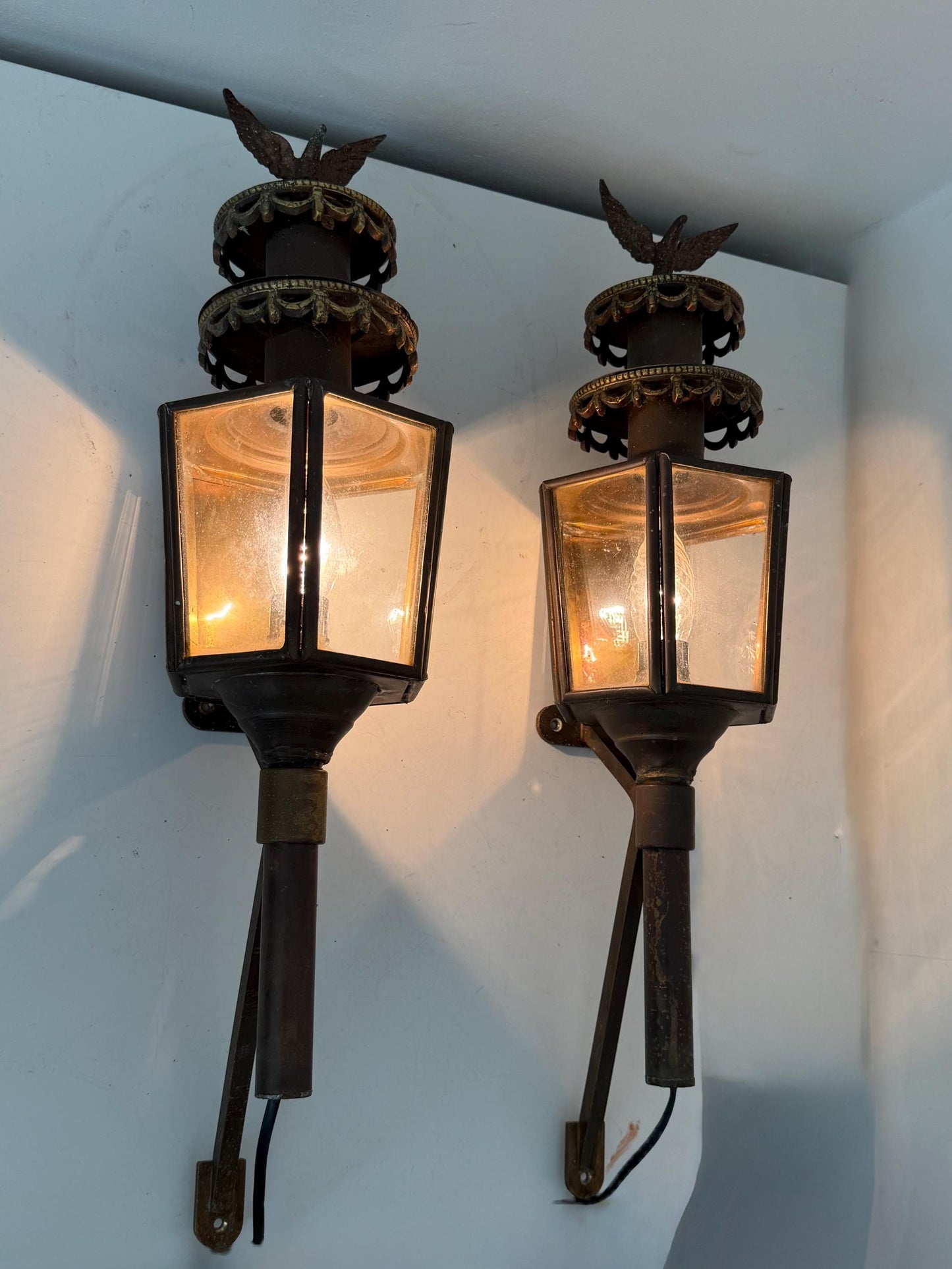 Pair of Antique English Copper Coach Lanterns wall electrical