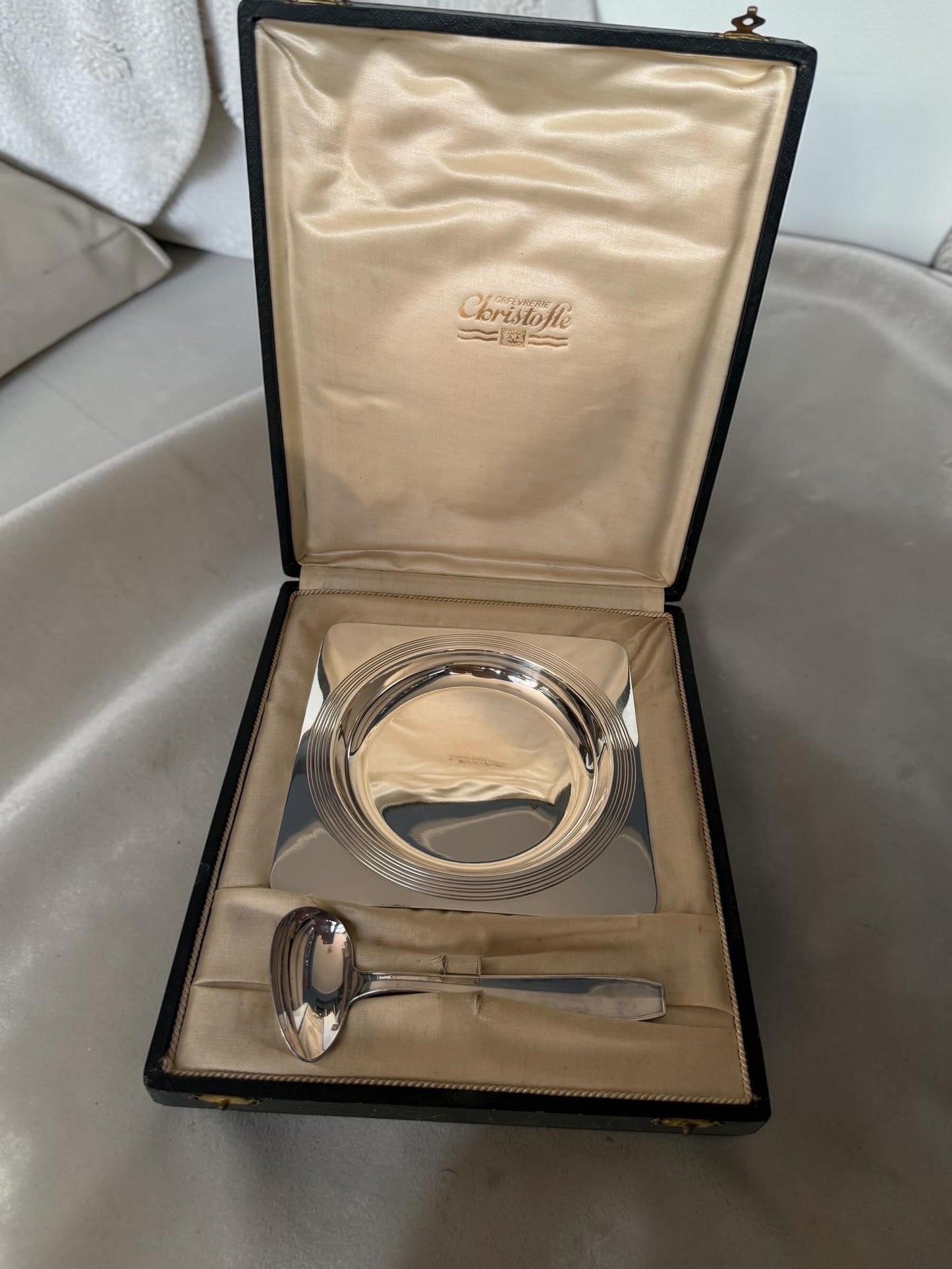 Vintage Christofle Silver Plated Baby Bowl and Spoon Set Original Presentation Box France Christening shower Gift nursery