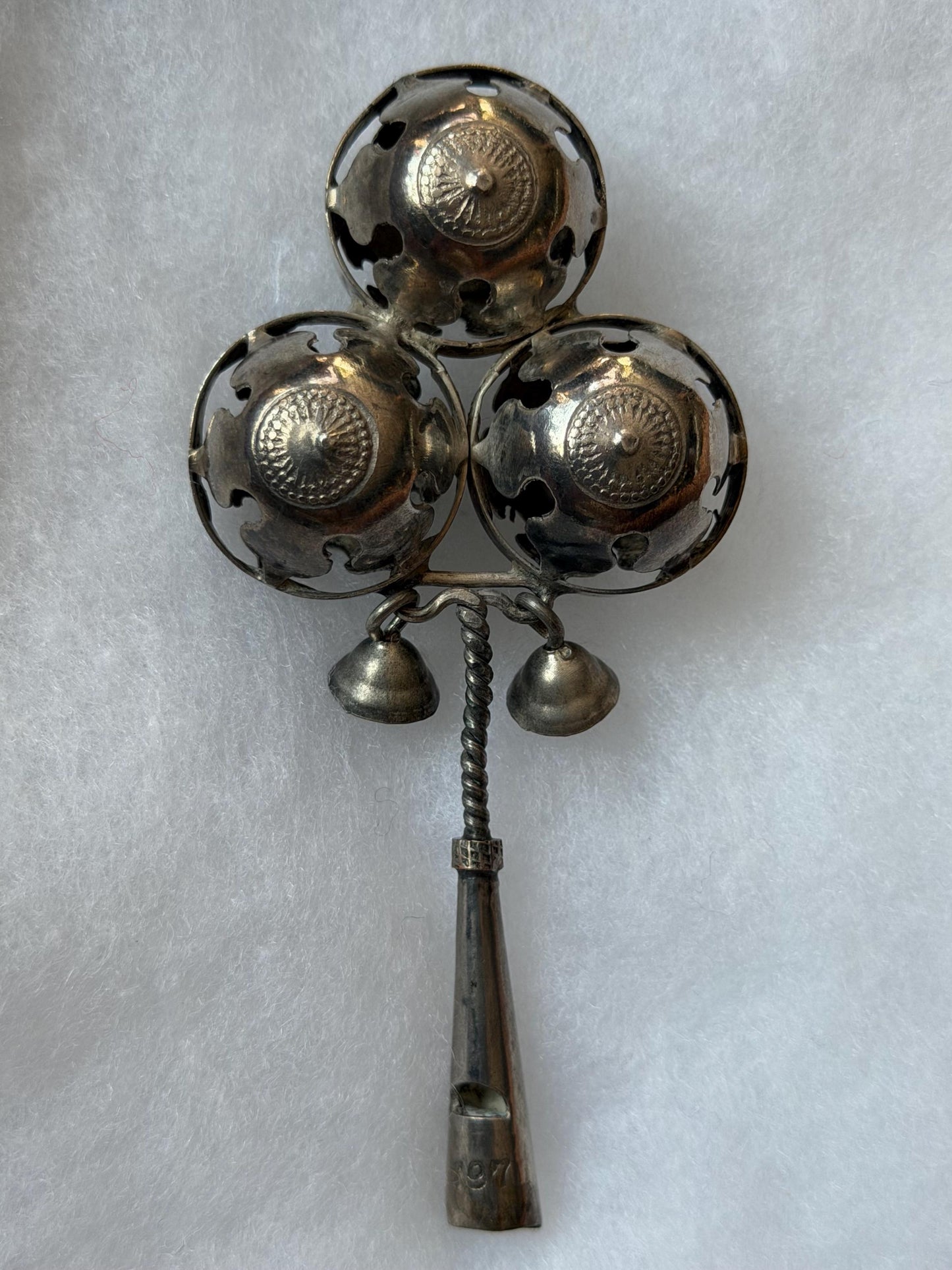 Antique European Silver Baby Rattle Three Bells 19th Century baby Toy nursey child shower gift
