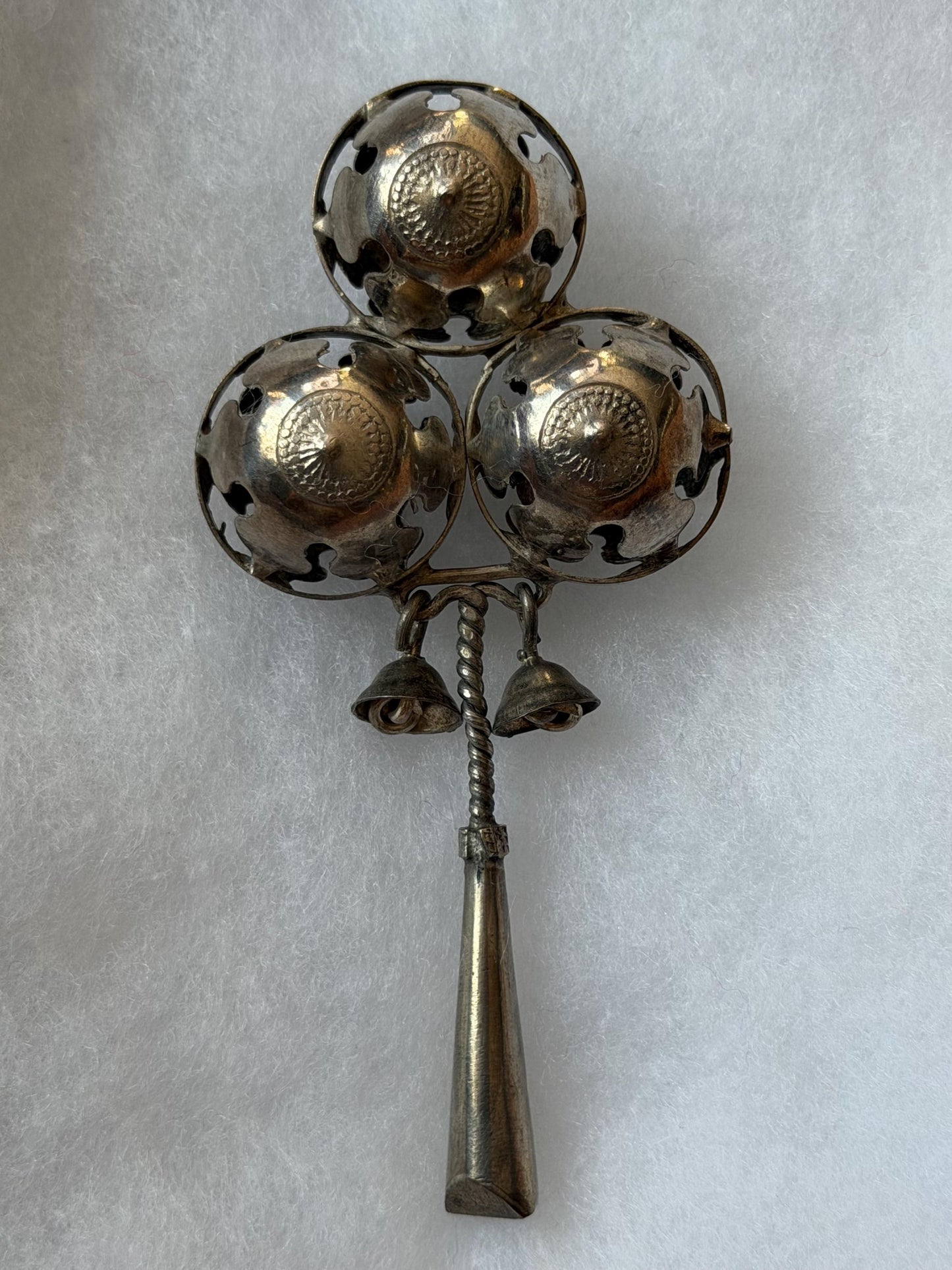 Antique European Silver Baby Rattle Three Bells 19th Century baby Toy nursey child shower gift