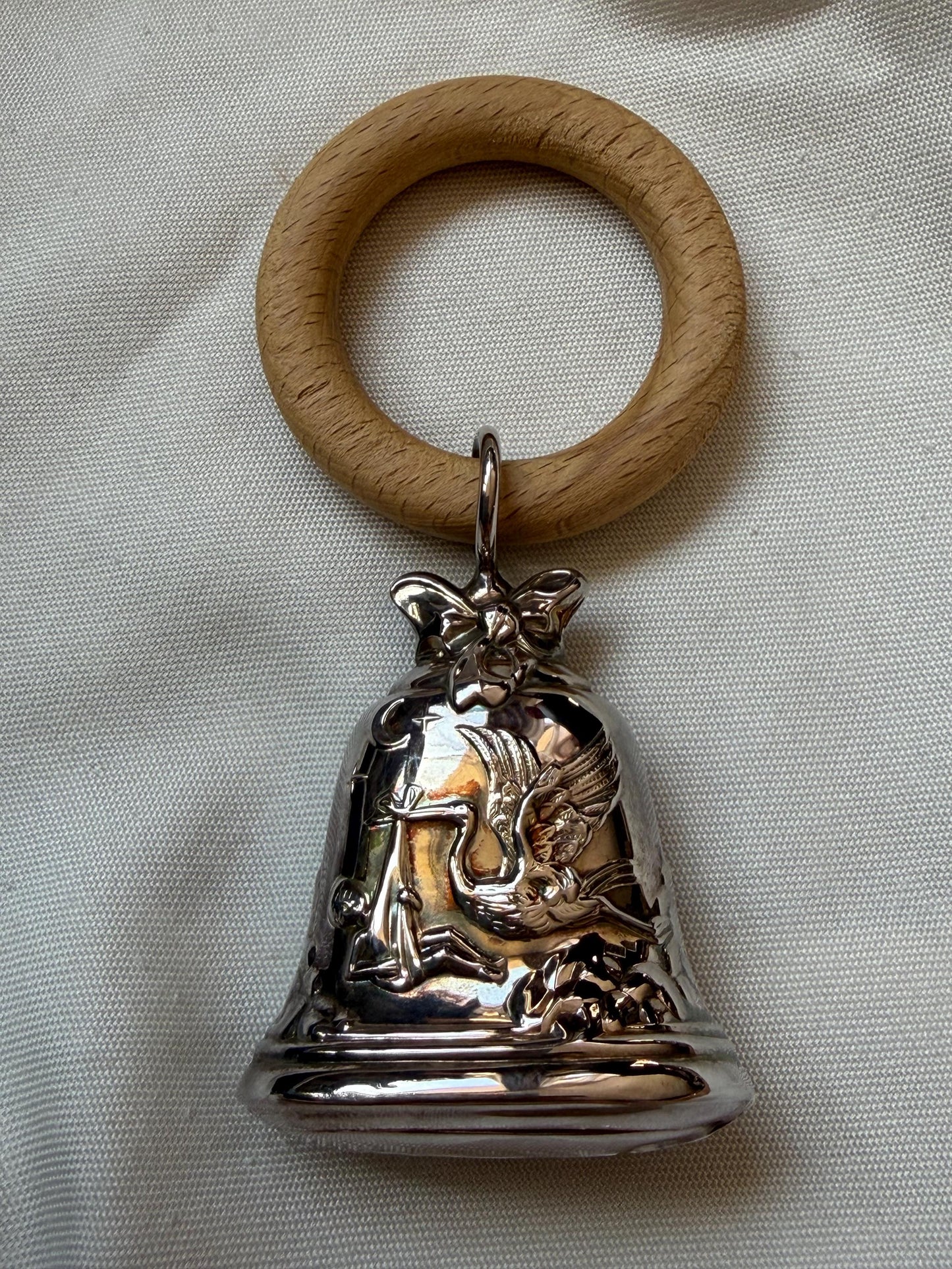 Pedro Duran 925/1000 sterling silver vintage spanish baby rattle woodrn teething  newborn shower christening gift luxury exlusives stork