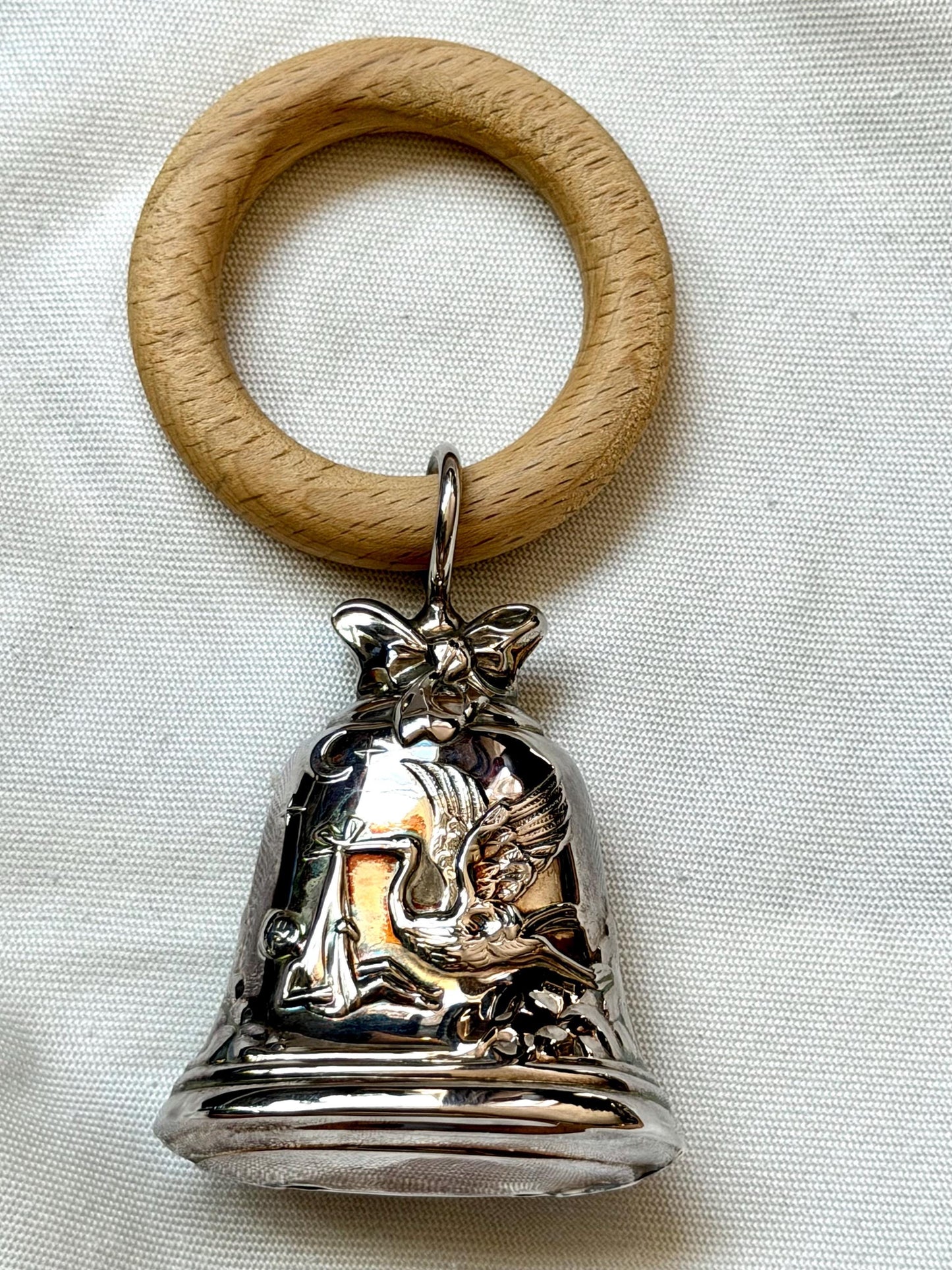 Pedro Duran 925/1000 sterling silver vintage spanish baby rattle woodrn teething  newborn shower christening gift luxury exlusives stork