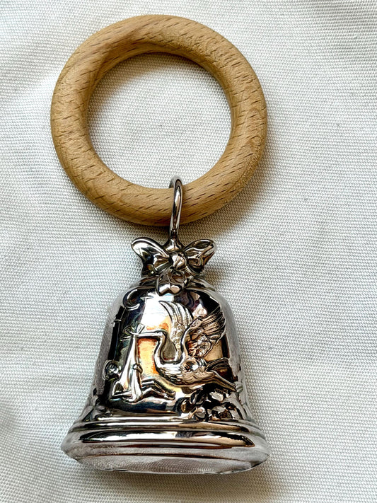 Pedro Duran 925/1000 sterling silver vintage spanish baby rattle woodrn teething  newborn shower christening gift luxury exlusives stork