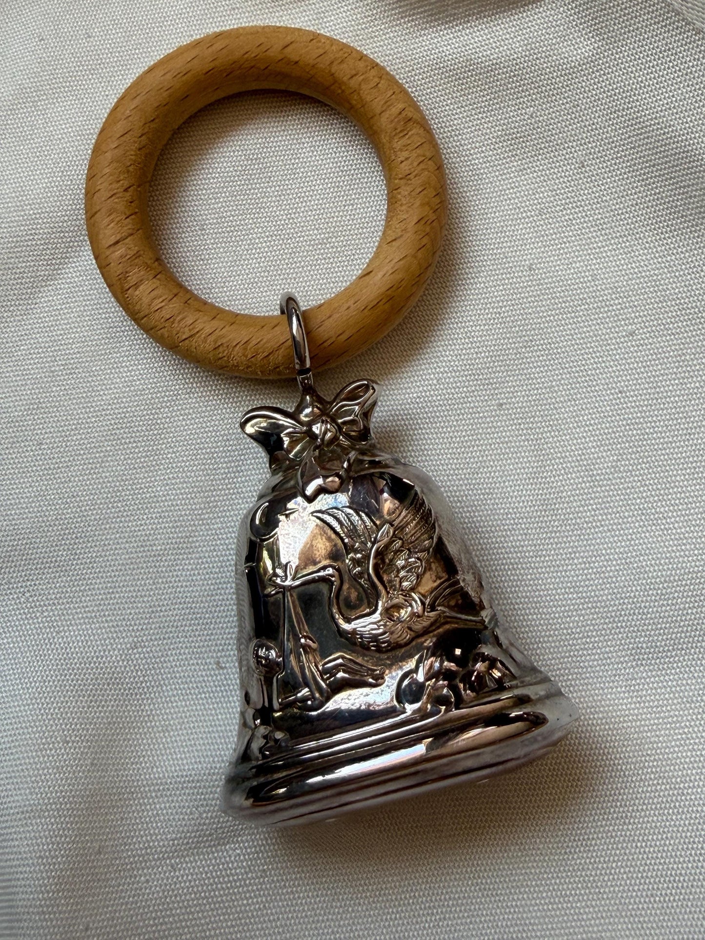 Pedro Duran 925/1000 sterling silver vintage spanish baby rattle woodrn teething  newborn shower christening gift luxury exlusives stork