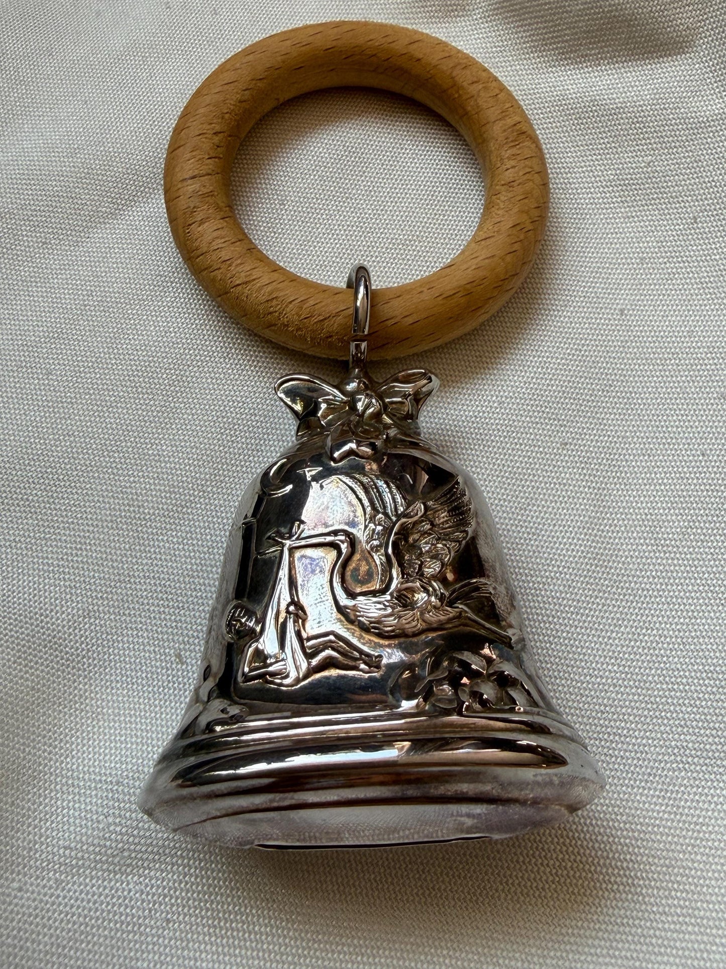 Pedro Duran 925/1000 sterling silver vintage spanish baby rattle woodrn teething  newborn shower christening gift luxury exlusives stork