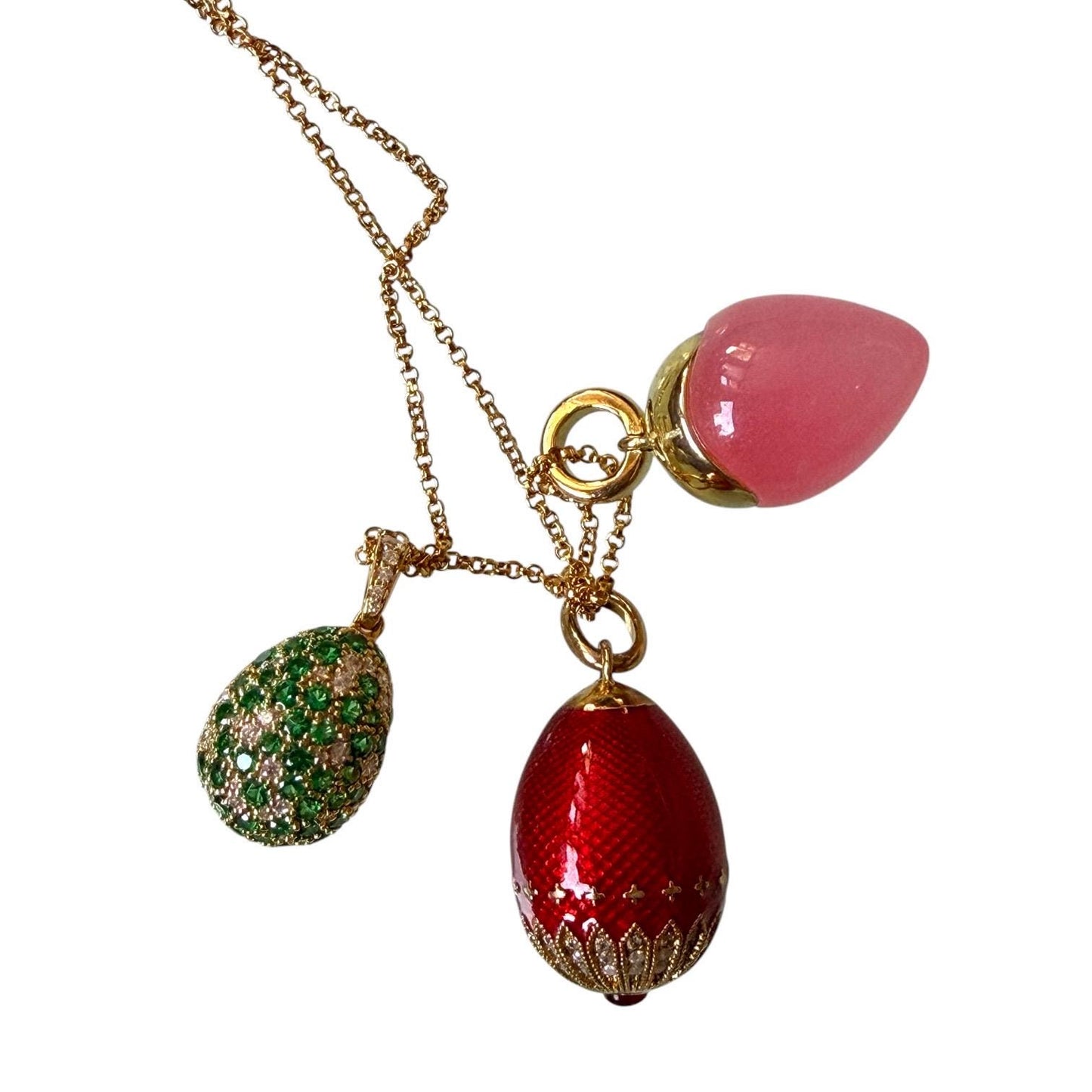 FABERGE Sterling Silver Rose Gold Charm necklace with 3 pendants, Fabergé