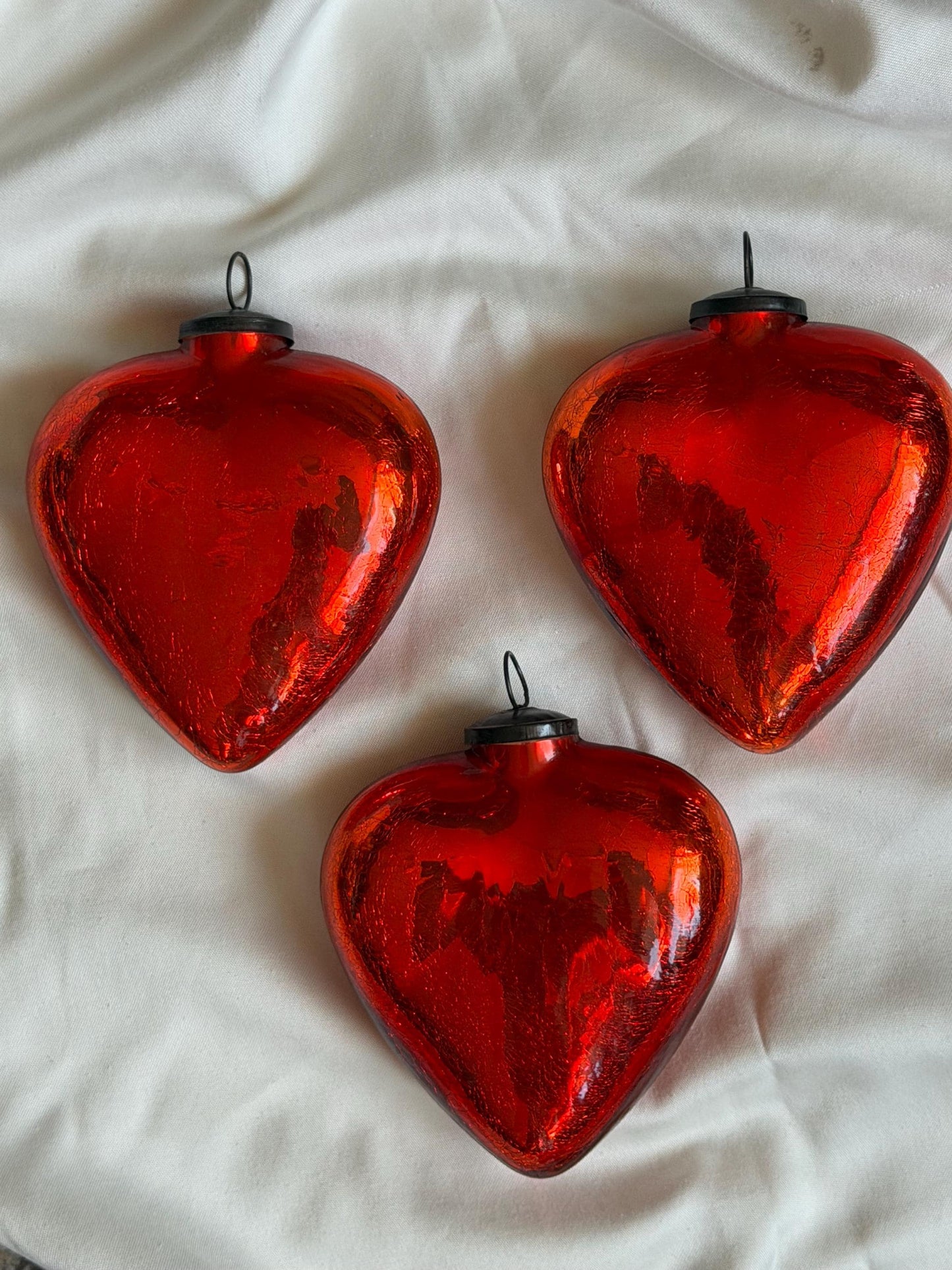 Antique xl  red heart Glass Christmas Baubles, Set of 3 large vintage Ornaments ‘grande bola del vidro’ romantic,  20 cm, christmas love