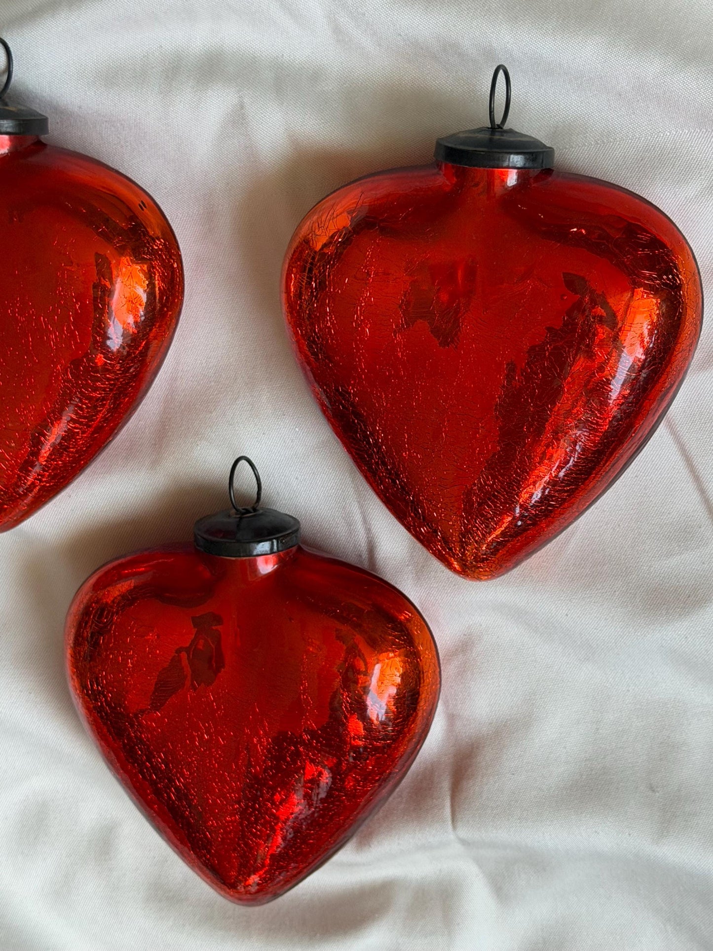 Antique xl  red heart Glass Christmas Baubles, Set of 3 large vintage Ornaments ‘grande bola del vidro’ romantic,  20 cm, christmas love