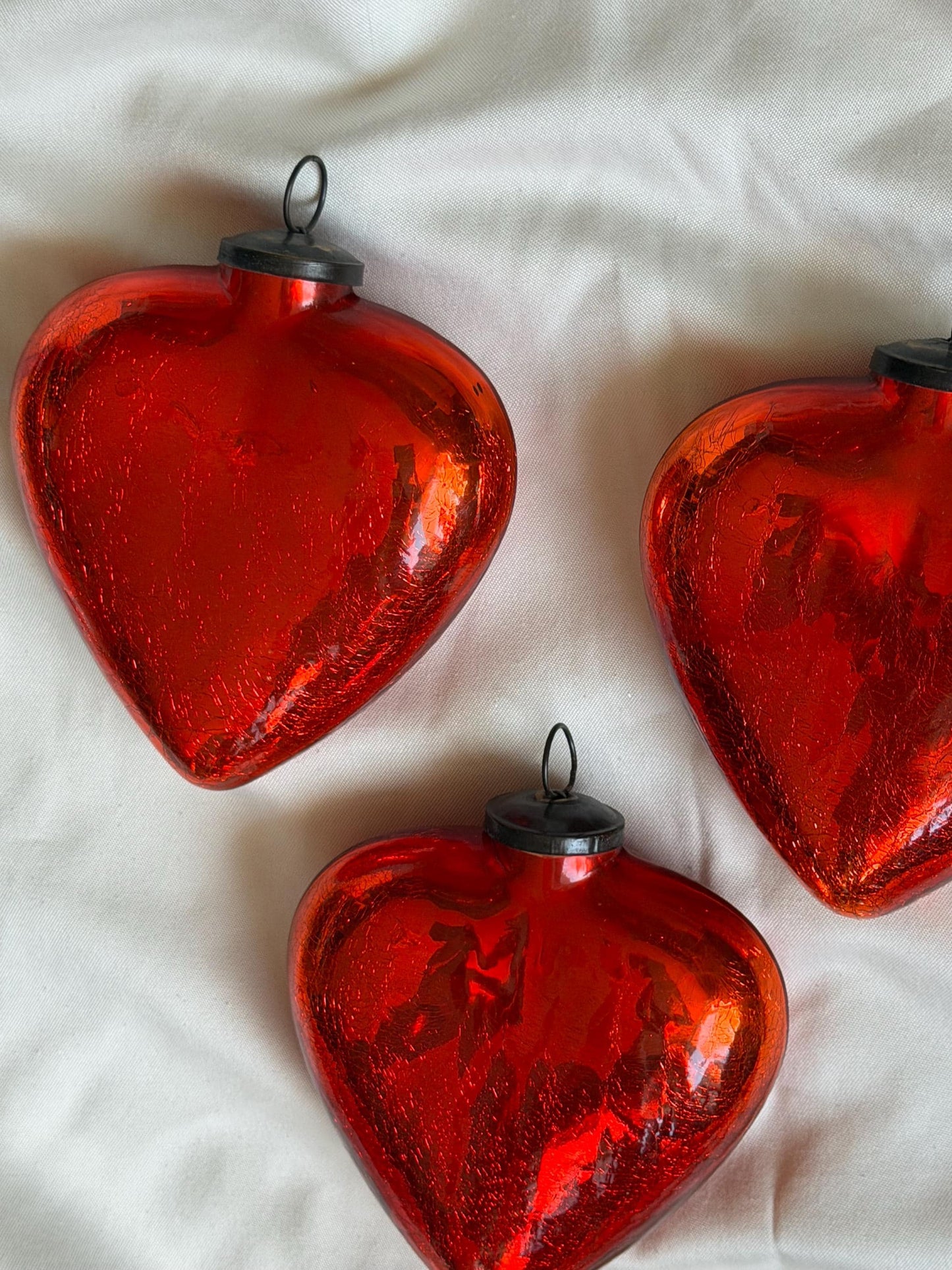 Antique xl  red heart Glass Christmas Baubles, Set of 3 large vintage Ornaments ‘grande bola del vidro’ romantic,  20 cm, christmas love