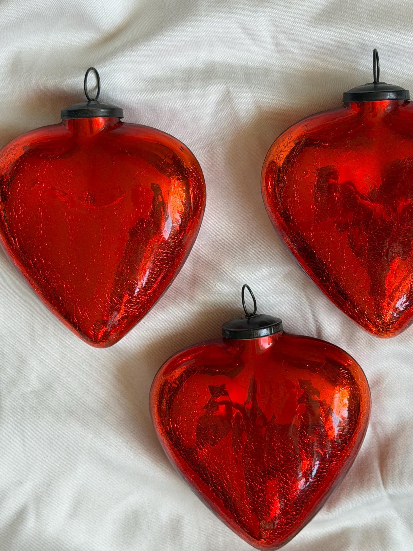 Antique xl  red heart Glass Christmas Baubles, Set of 3 large vintage Ornaments ‘grande bola del vidro’ romantic,  20 cm, christmas love