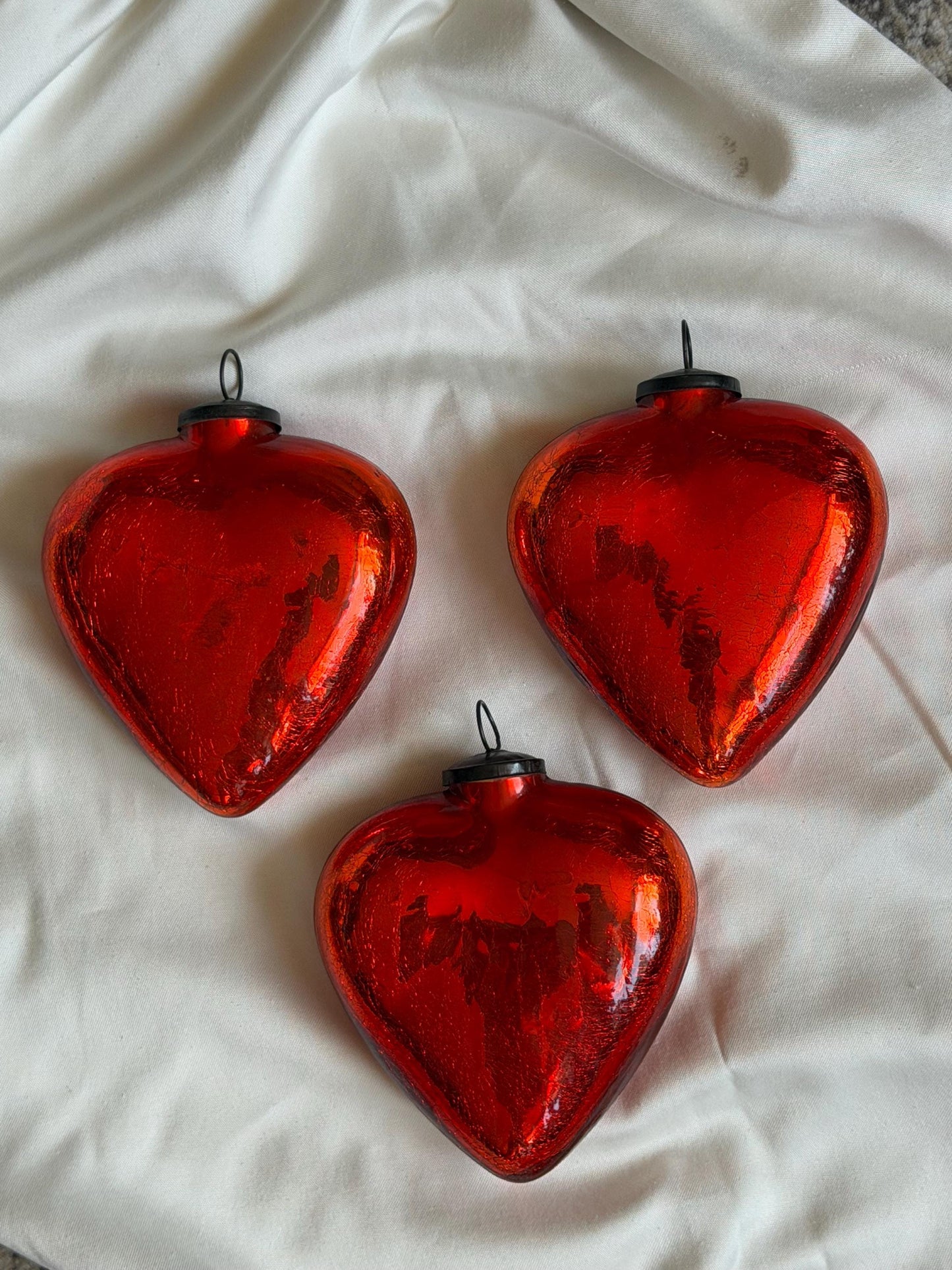 Antique xl  red heart Glass Christmas Baubles, Set of 3 large vintage Ornaments ‘grande bola del vidro’ romantic,  20 cm, christmas love