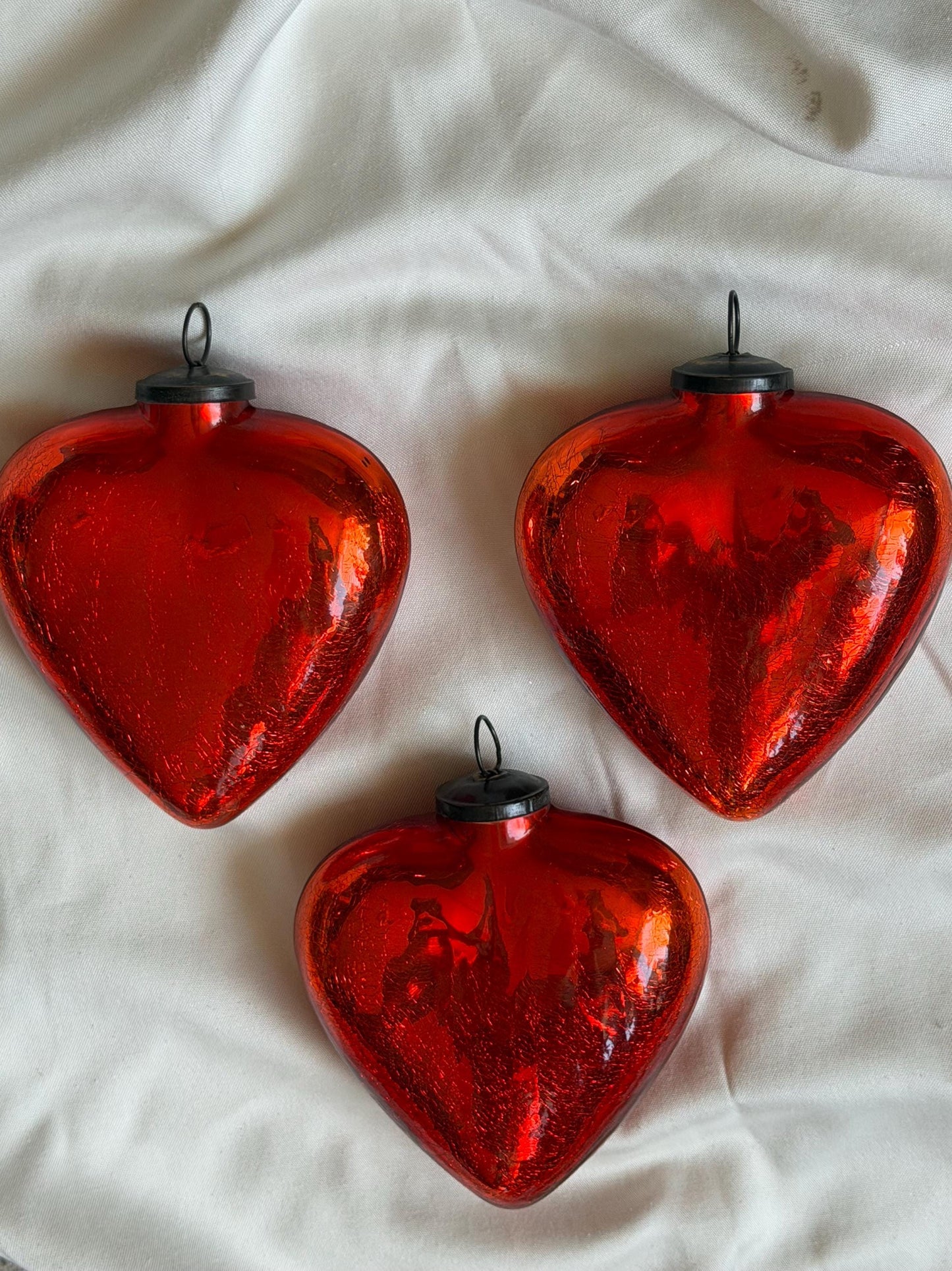 Antique xl  red heart Glass Christmas Baubles, Set of 3 large vintage Ornaments ‘grande bola del vidro’ romantic,  20 cm, christmas love