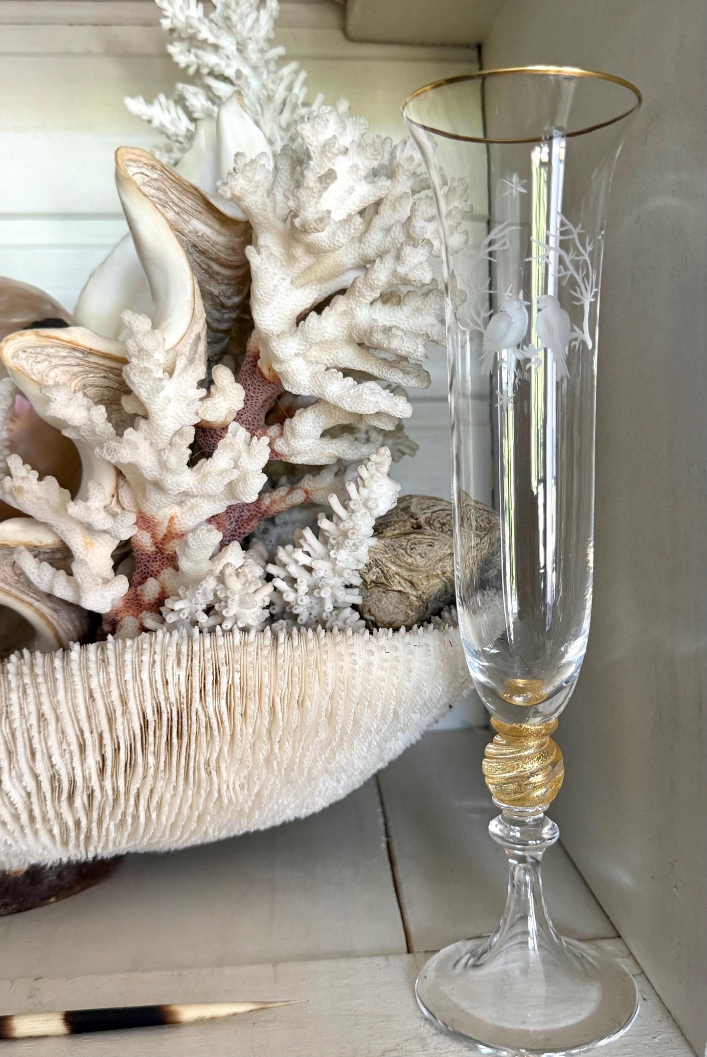 nason moretti  Murano Glass Champagne Flute, Hand Engraved, Rare, christmas birds peace