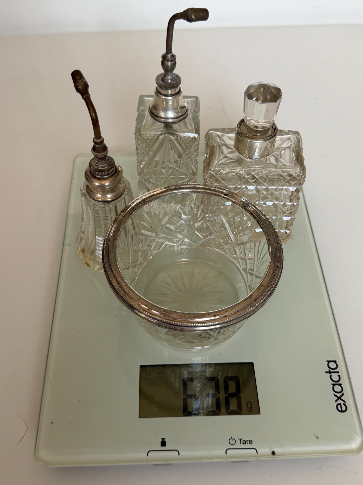 Antique Sterling Silver Crystal Vanity Set Edwardian Perfume Bottles atomizer Cut Glass Dressing Table Set