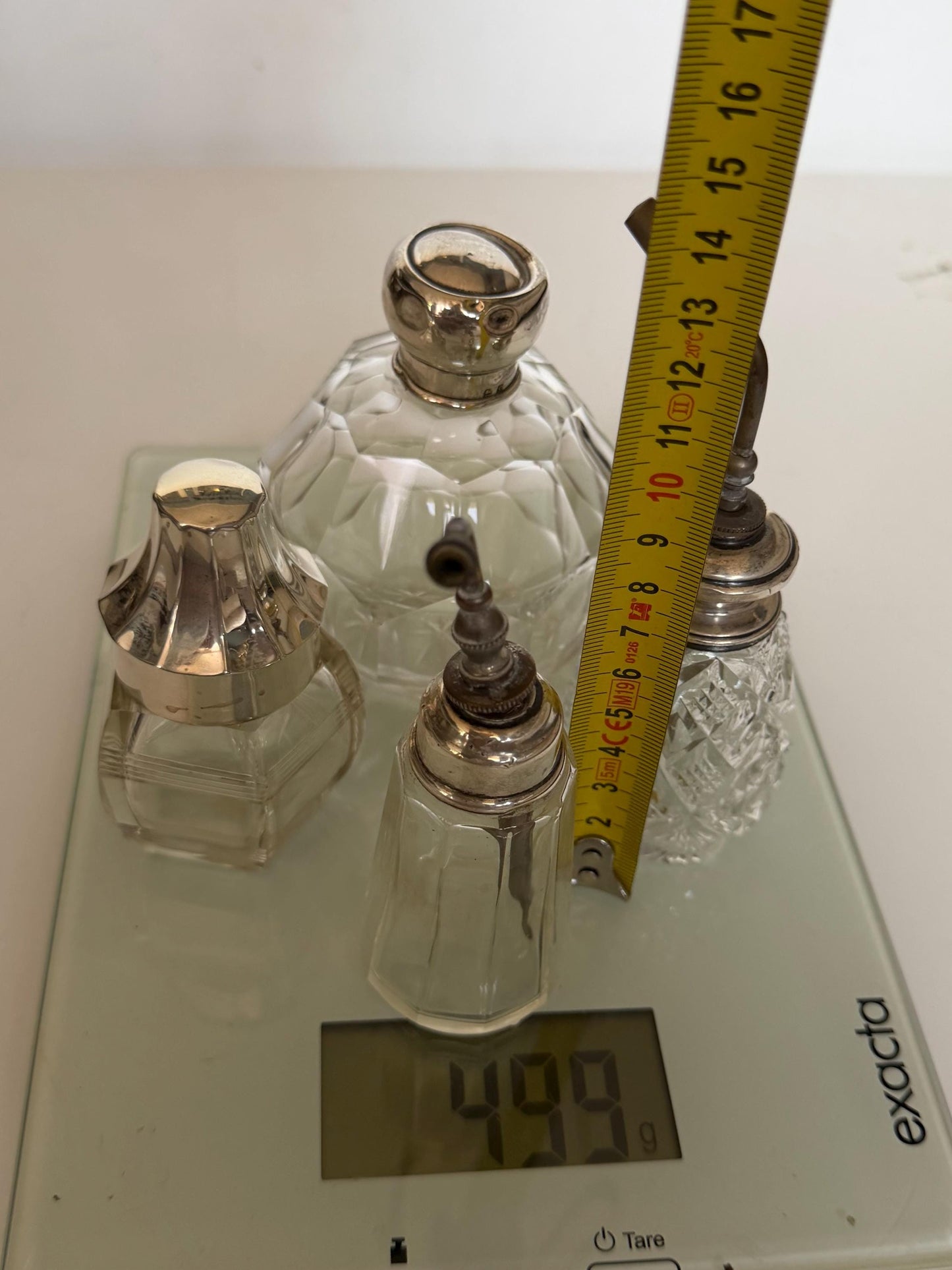 Antique Sterling Silver Crystal Vanity Set Edwardian Perfume Bottles atomizer Cut Glass Dressing Table Set