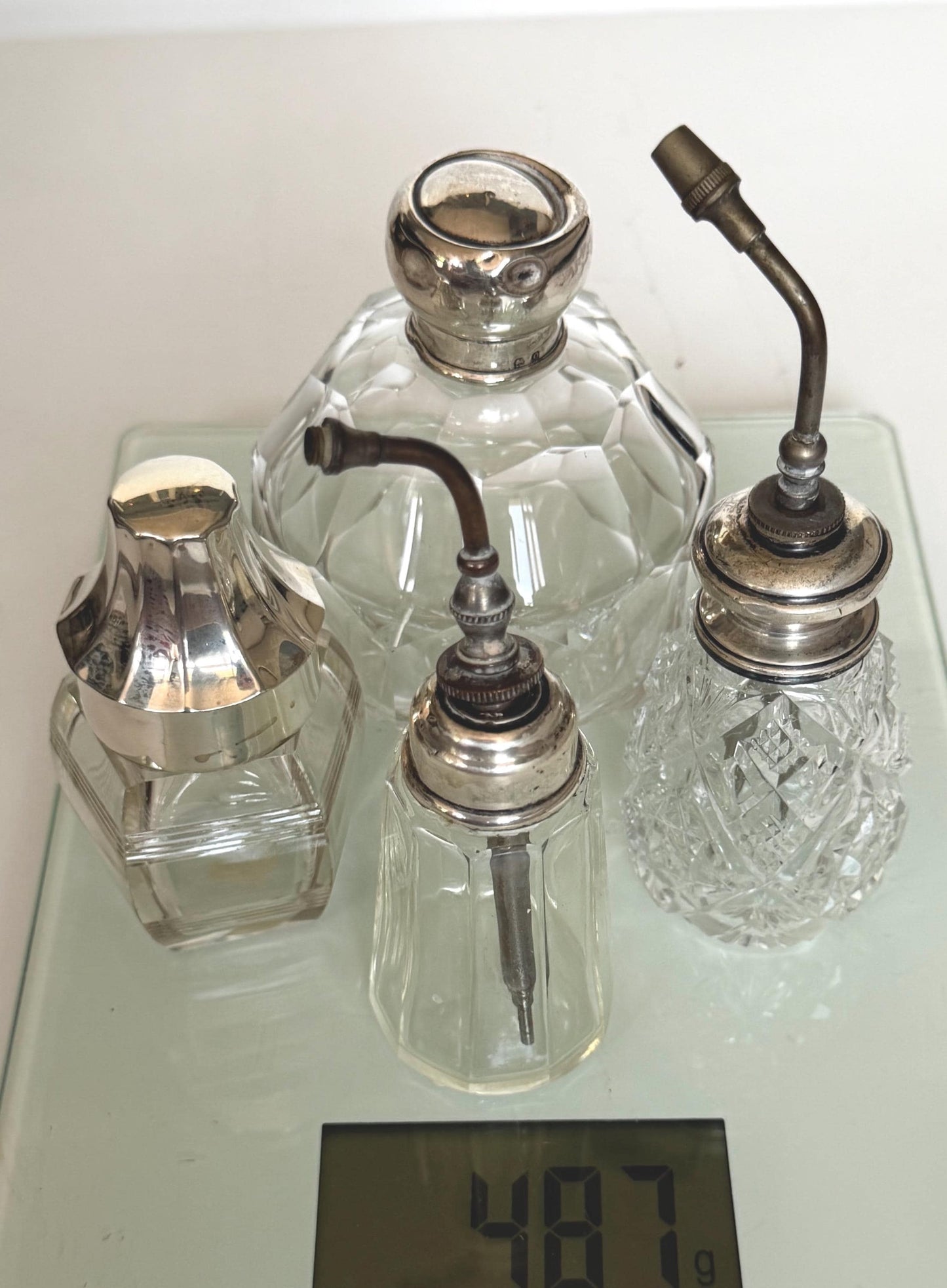 Antique Sterling Silver Crystal Vanity Set Edwardian Perfume Bottles atomizer Cut Glass Dressing Table Set