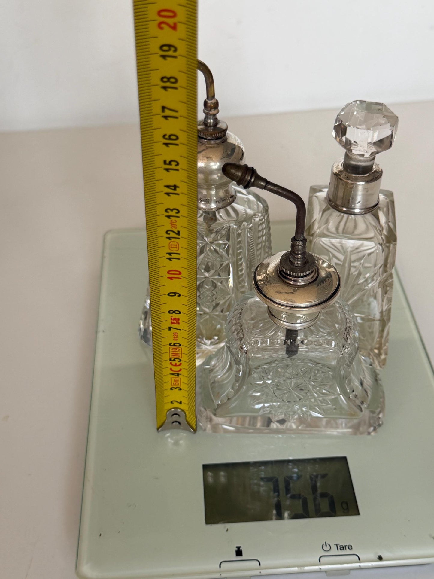 Antique Sterling Silver Crystal Vanity Set Edwardian Perfume Bottles atomizer Cut Glass Dressing Table Set