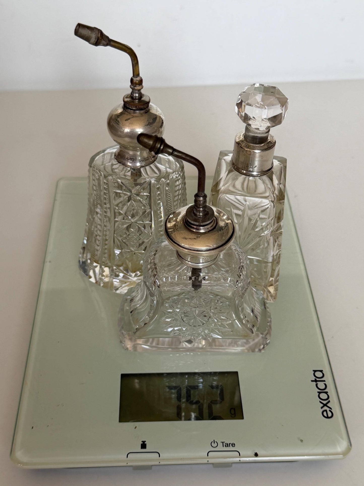 Antique Sterling Silver Crystal Vanity Set Edwardian Perfume Bottles atomizer Cut Glass Dressing Table Set