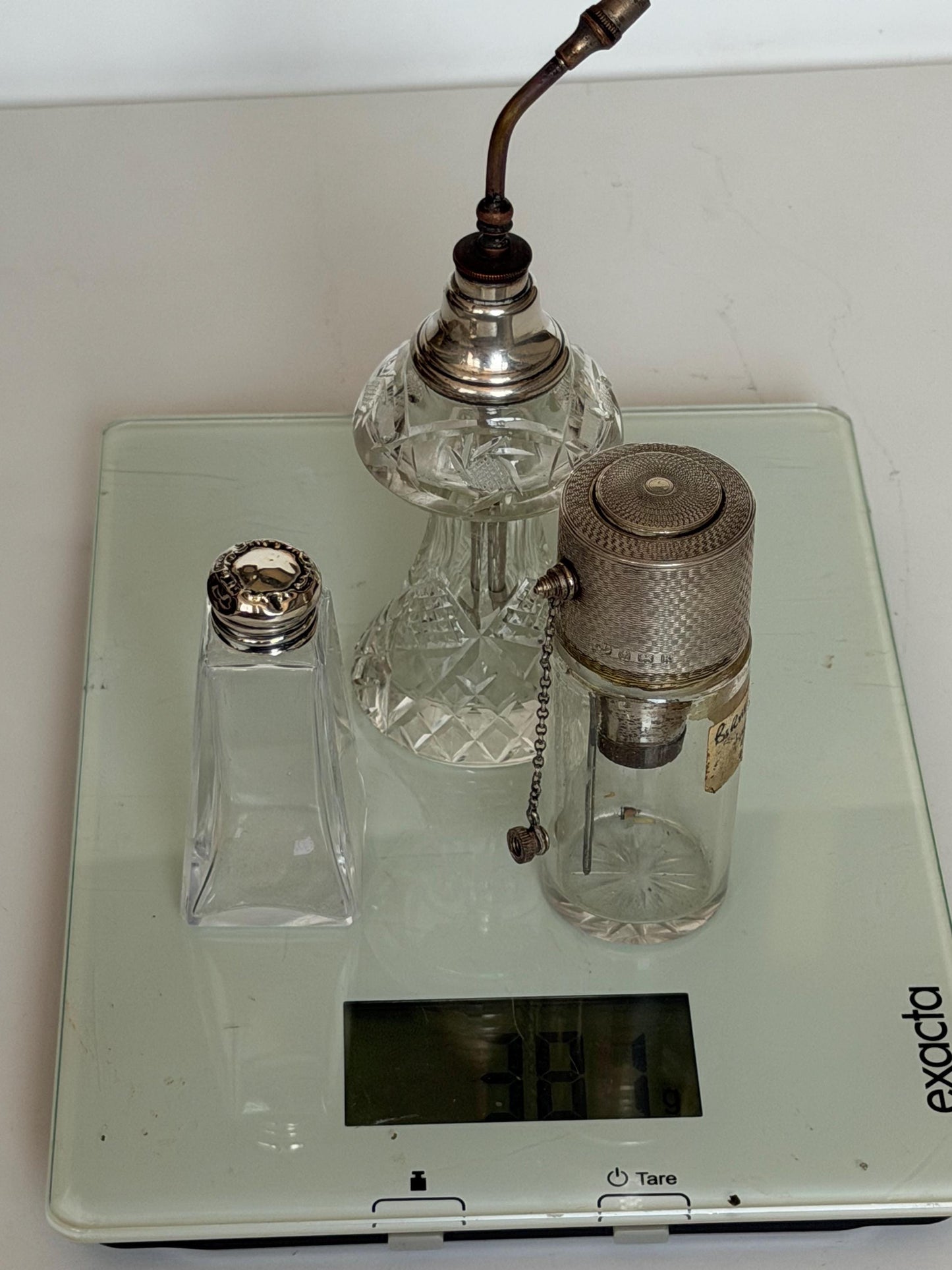 Antique Sterling Silver Crystal Vanity Set Edwardian Perfume Bottles atomizer Cut Glass Dressing Table Set