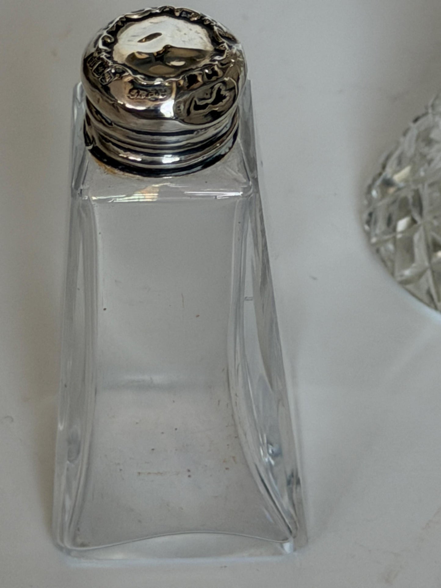 Antique Sterling Silver Crystal Vanity Set Edwardian Perfume Bottles atomizer Cut Glass Dressing Table Set