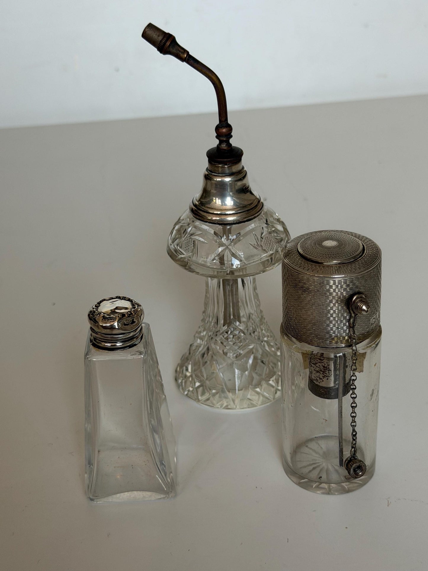 Antique Sterling Silver Crystal Vanity Set Edwardian Perfume Bottles atomizer Cut Glass Dressing Table Set