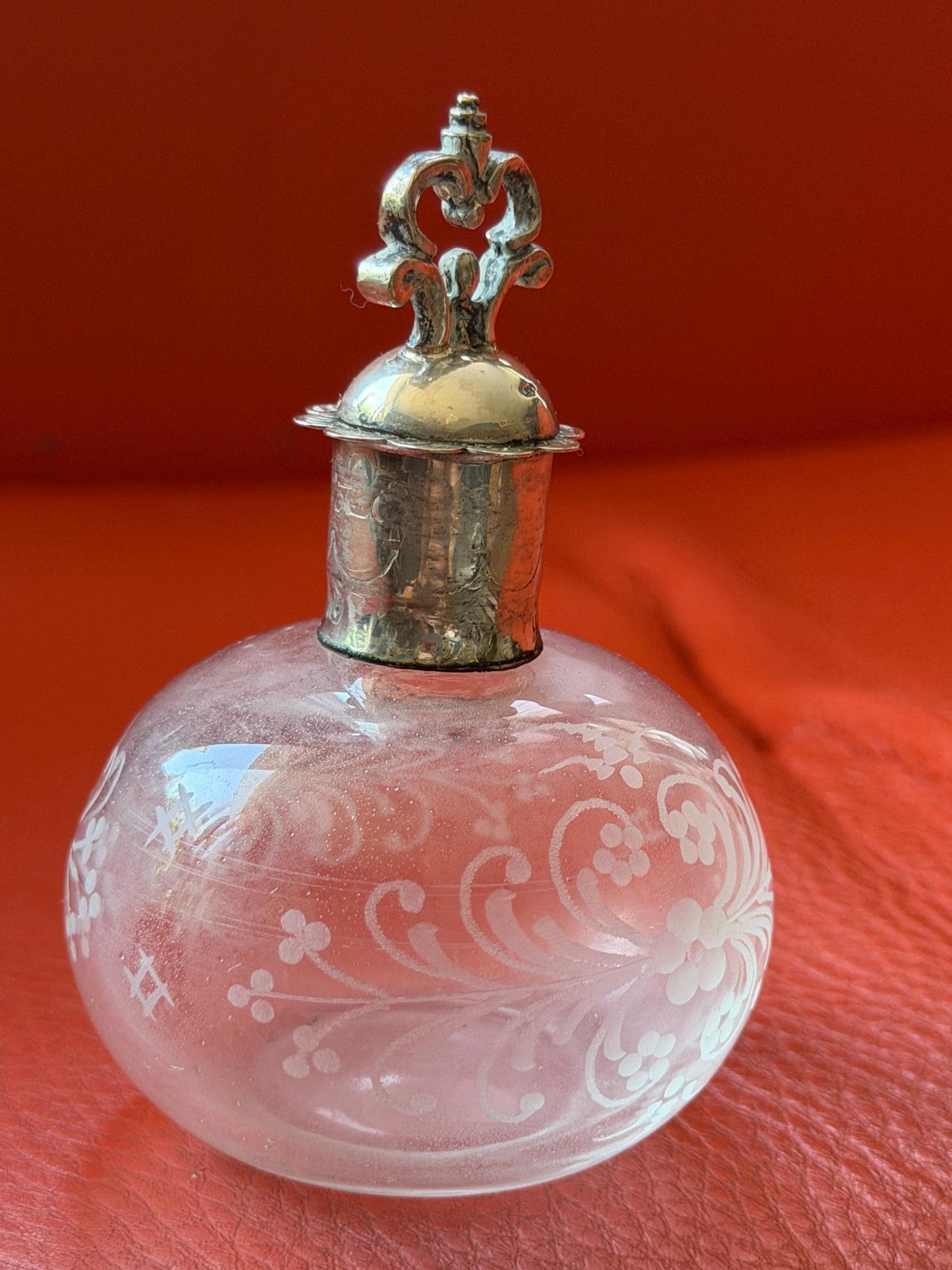 Antique Silver Crystal Edwardian Perfume Bottle engraved Glass Dressing table collectable