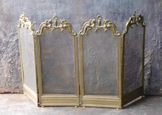 Firescreen, antique brass with dragons on lion feet, chique fireplace screen