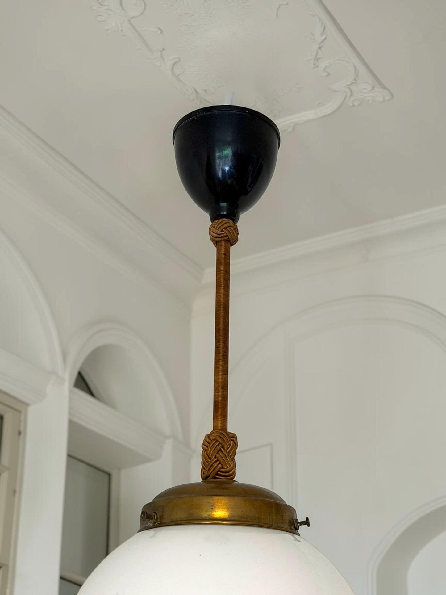 Art deco Amsterdam School Pendant Lamp with Opaline Glass Globe, Netherlands, c. 1920–1930  Ceiling lamp hanging , rope rod