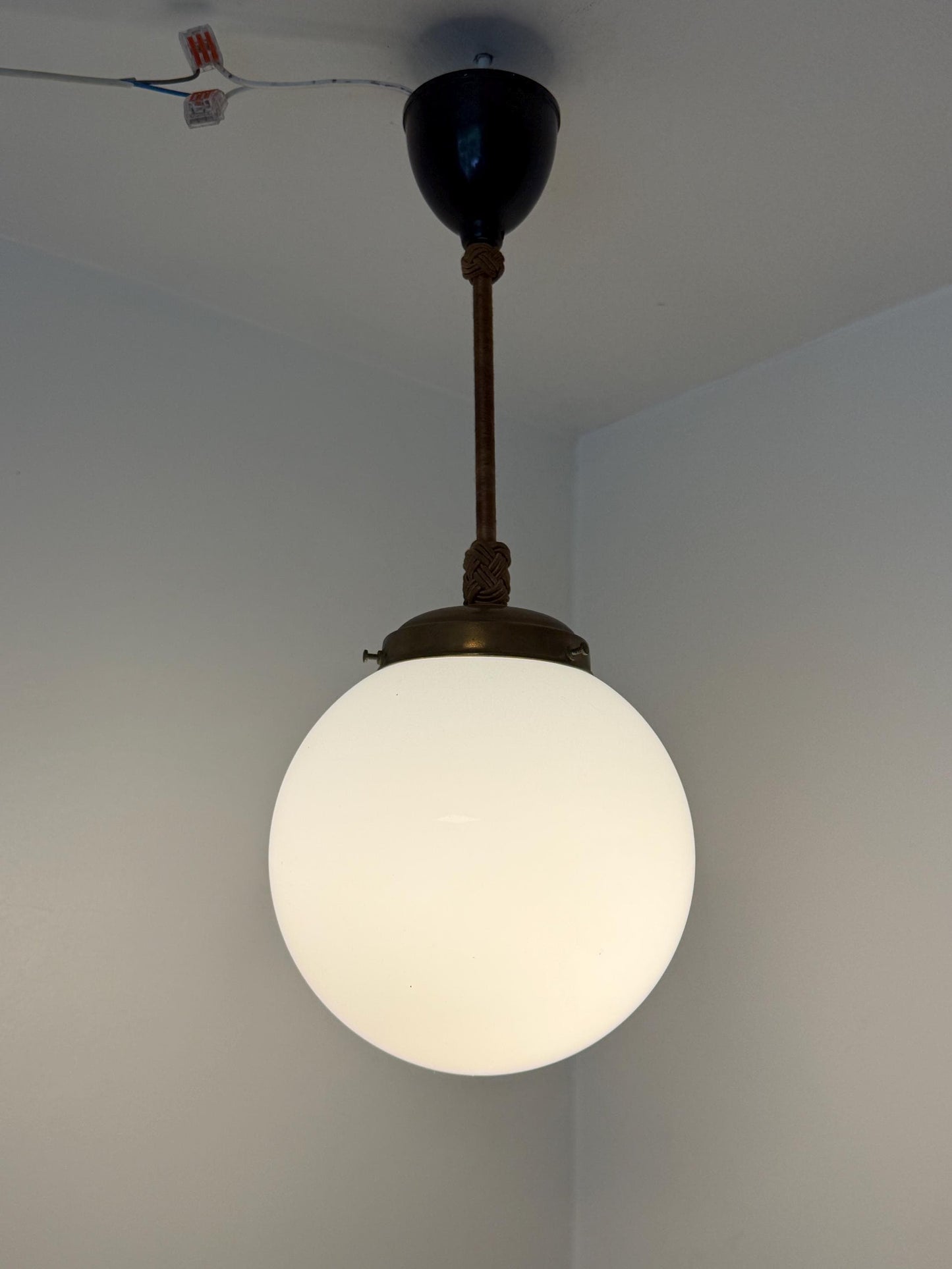 Art deco Amsterdam School Pendant Lamp with Opaline Glass Globe, Netherlands, c. 1920–1930  Ceiling lamp hanging , rope rod