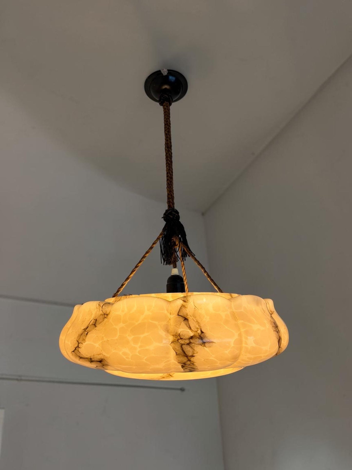 Art deco ceiling Lamp with Opaline Glass, Netherlands, c. 1930  Ceiling lamp hanging , rope