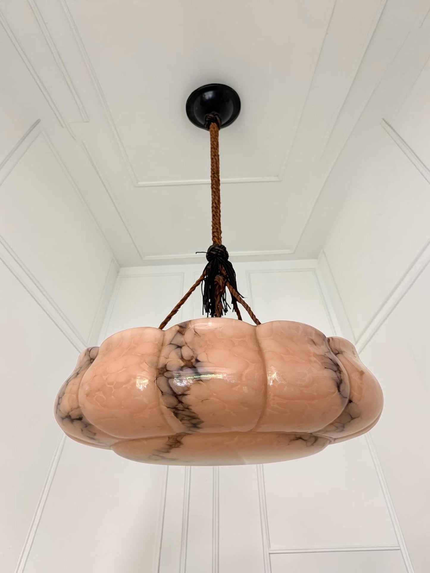 Art deco ceiling Lamp with Opaline Glass, Netherlands, c. 1930  Ceiling lamp hanging , rope