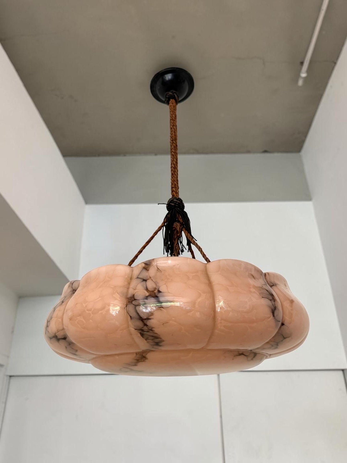 Art deco ceiling Lamp with Opaline Glass, Netherlands, c. 1930  Ceiling lamp hanging , rope