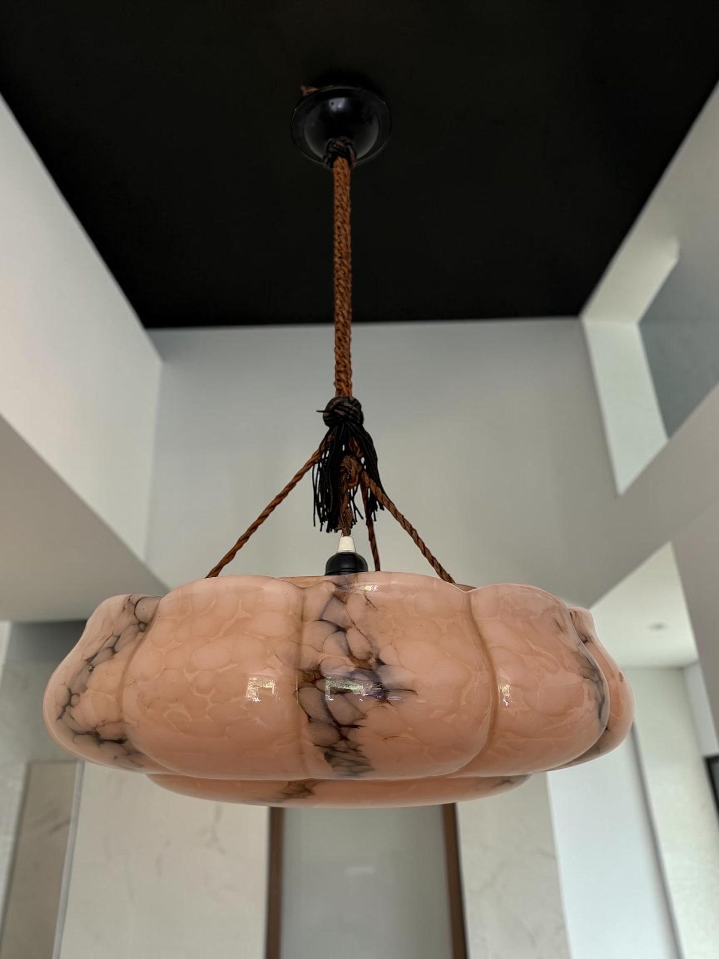 Art deco ceiling Lamp with Opaline Glass, Netherlands, c. 1930  Ceiling lamp hanging , rope