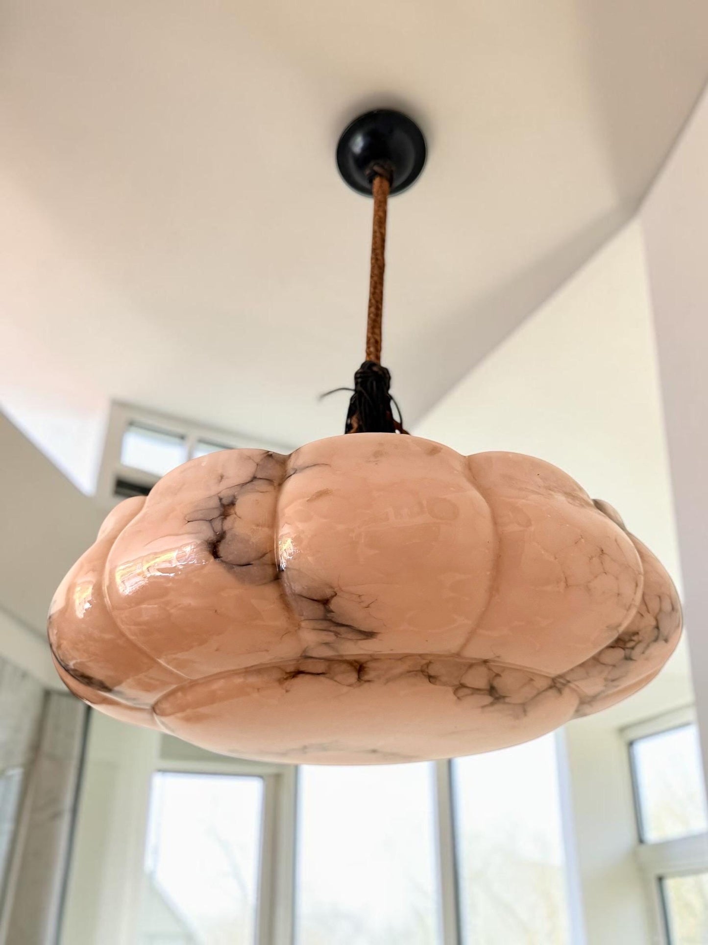Art deco ceiling Lamp with Opaline Glass, Netherlands, c. 1930  Ceiling lamp hanging , rope