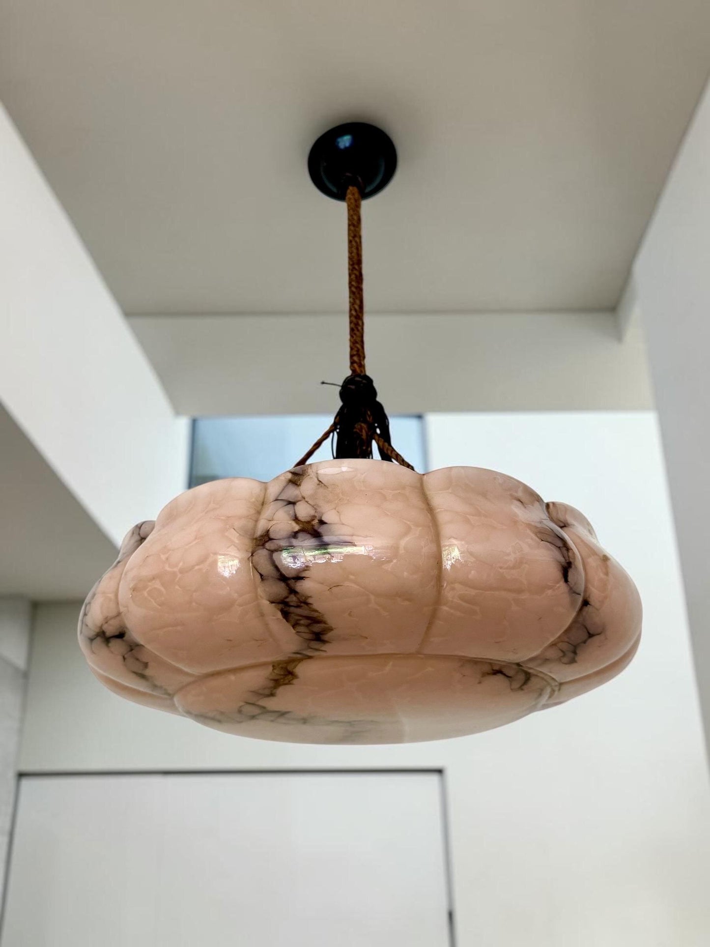 Art deco ceiling Lamp with Opaline Glass, Netherlands, c. 1930  Ceiling lamp hanging , rope