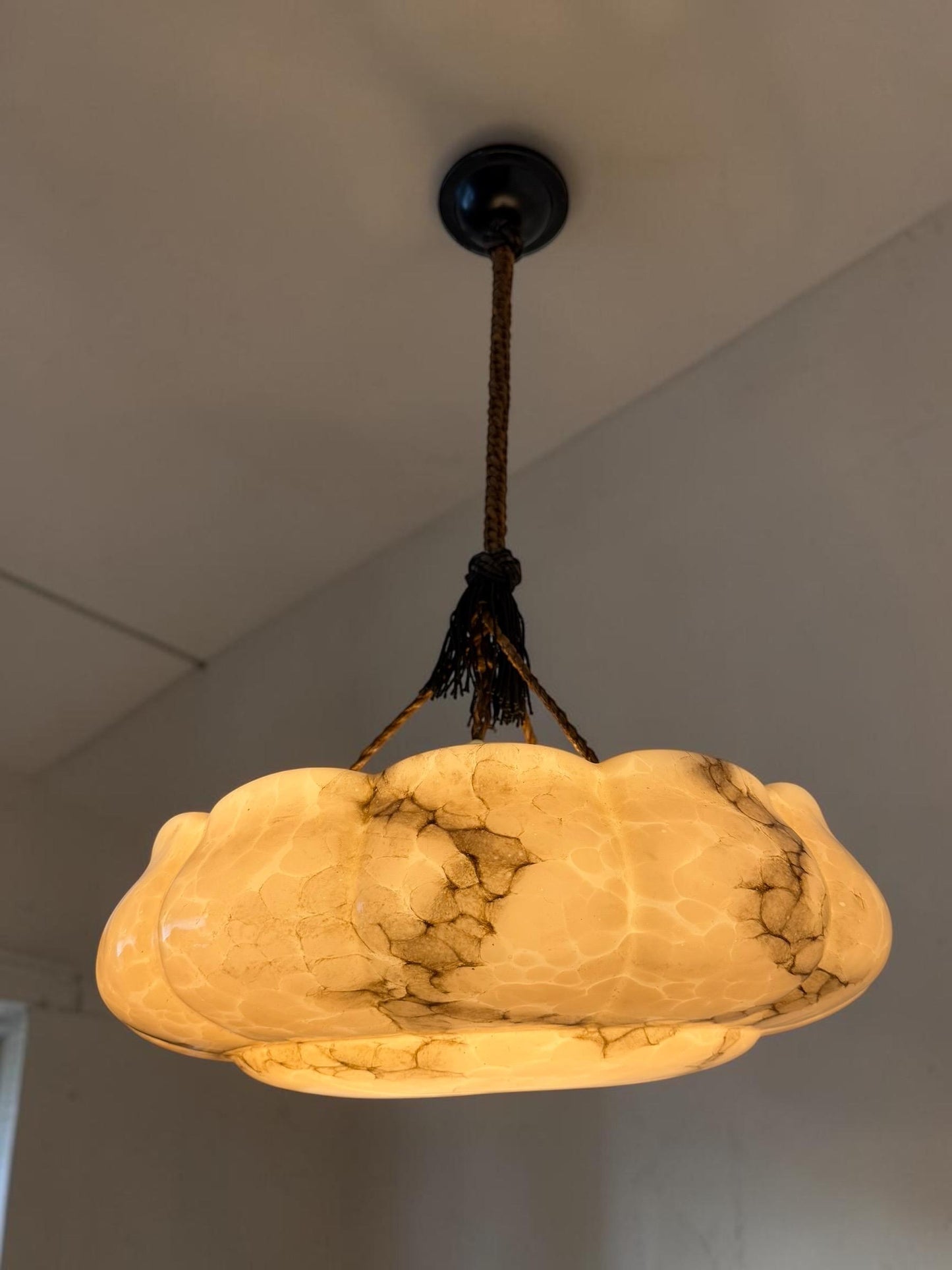 Art deco ceiling Lamp with Opaline Glass, Netherlands, c. 1930  Ceiling lamp hanging , rope