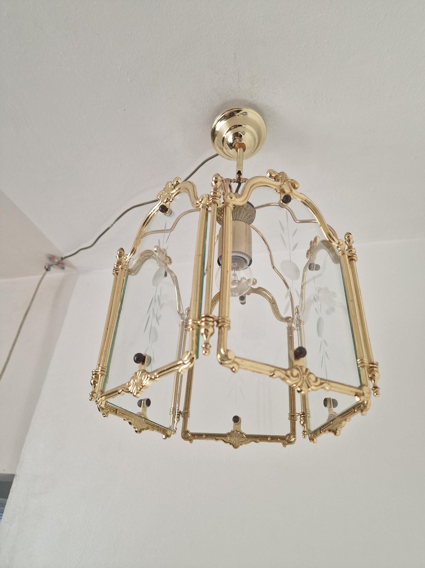 Brass pentagonal  Etched Glass Hall Lantern Ceiling Light Hanging Lantern, golden lamp penthagon