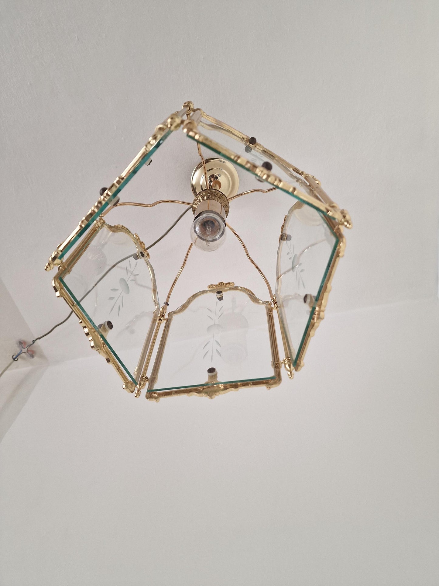 Brass pentagonal  Etched Glass Hall Lantern Ceiling Light Hanging Lantern, golden lamp penthagon