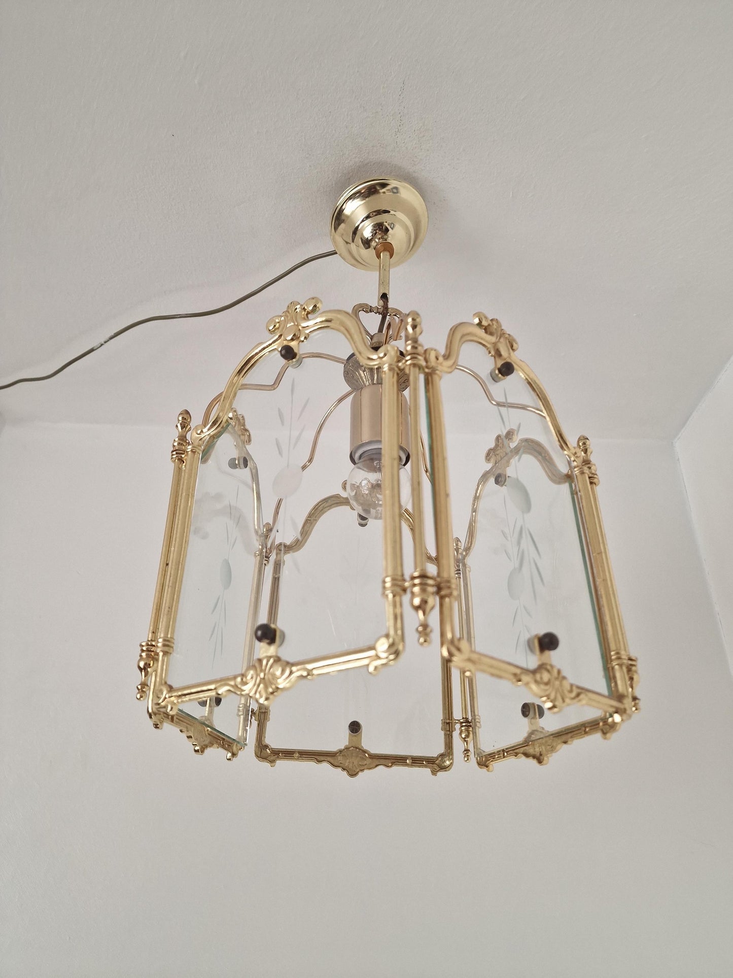 Brass pentagonal  Etched Glass Hall Lantern Ceiling Light Hanging Lantern, golden lamp penthagon