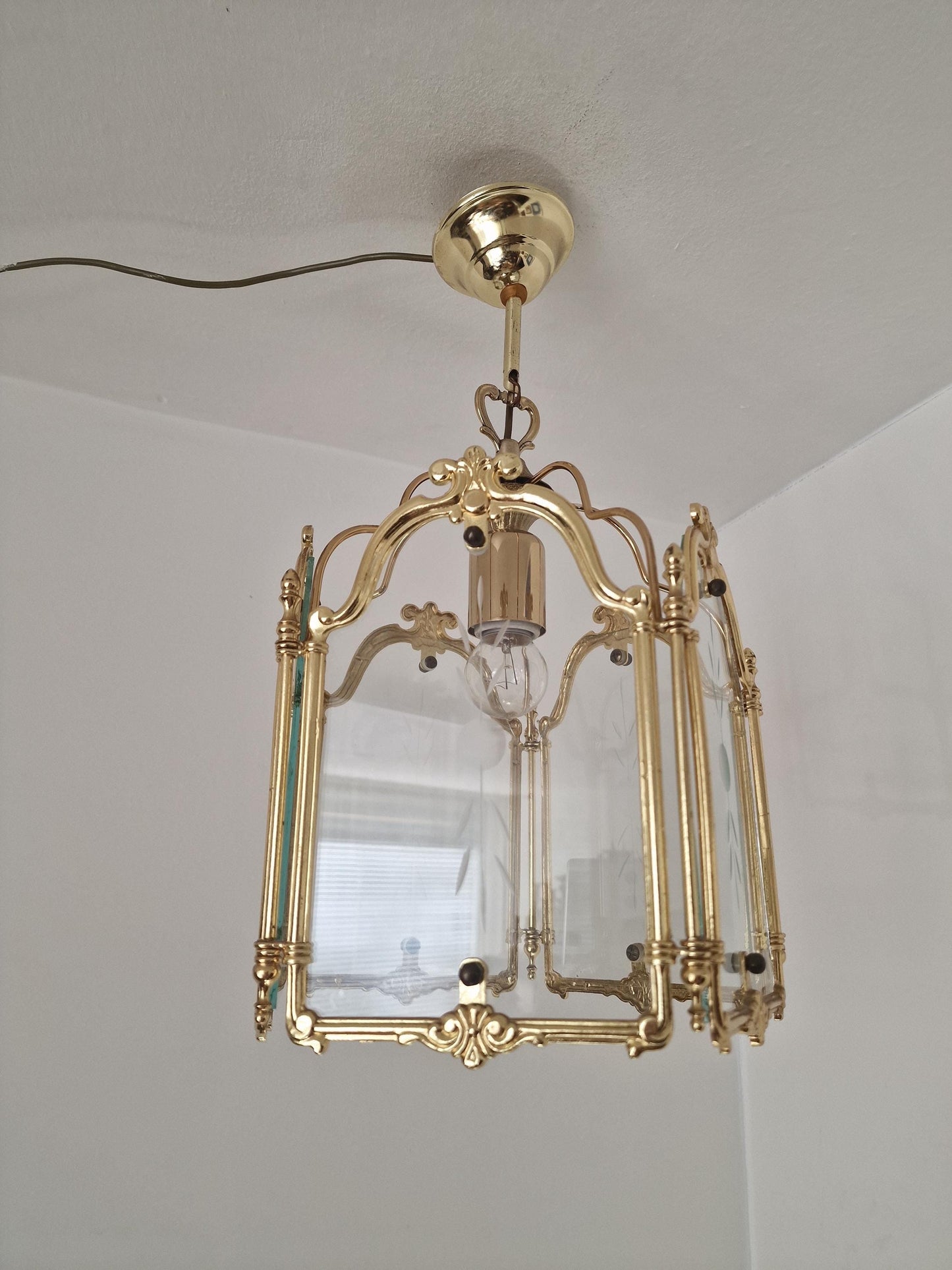 Brass pentagonal  Etched Glass Hall Lantern Ceiling Light Hanging Lantern, golden lamp penthagon